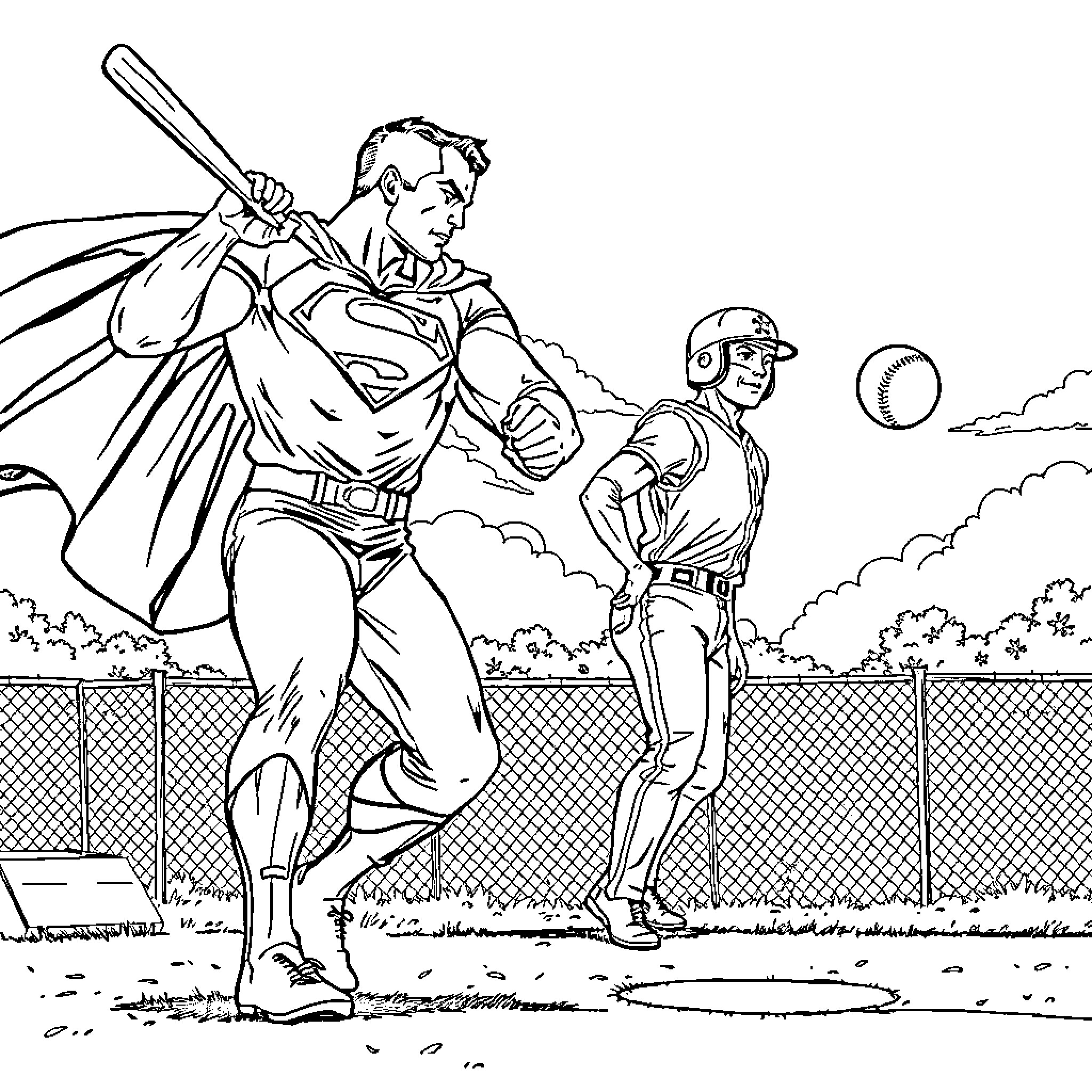 Superman baseball game with teammate Coloring Page (free black-and-white line drawing printable PDF for all, from beginners to advanced learners, including children, teens, adults, and seniors)