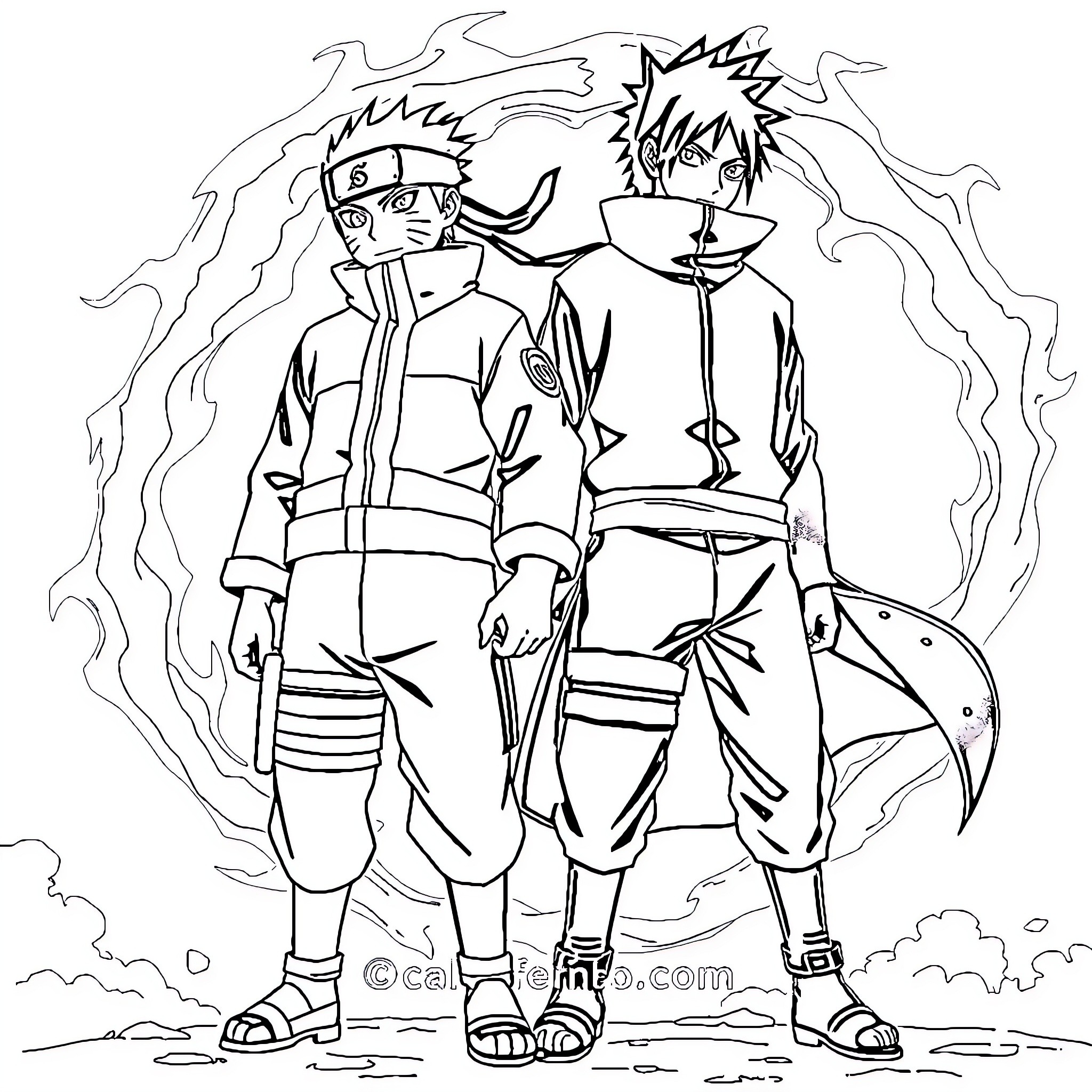 Naruto characters in action-packed scene Coloring Page (free black-and-white line drawing printable PDF for all, from beginners to advanced learners, including children, teens, adults, and seniors)