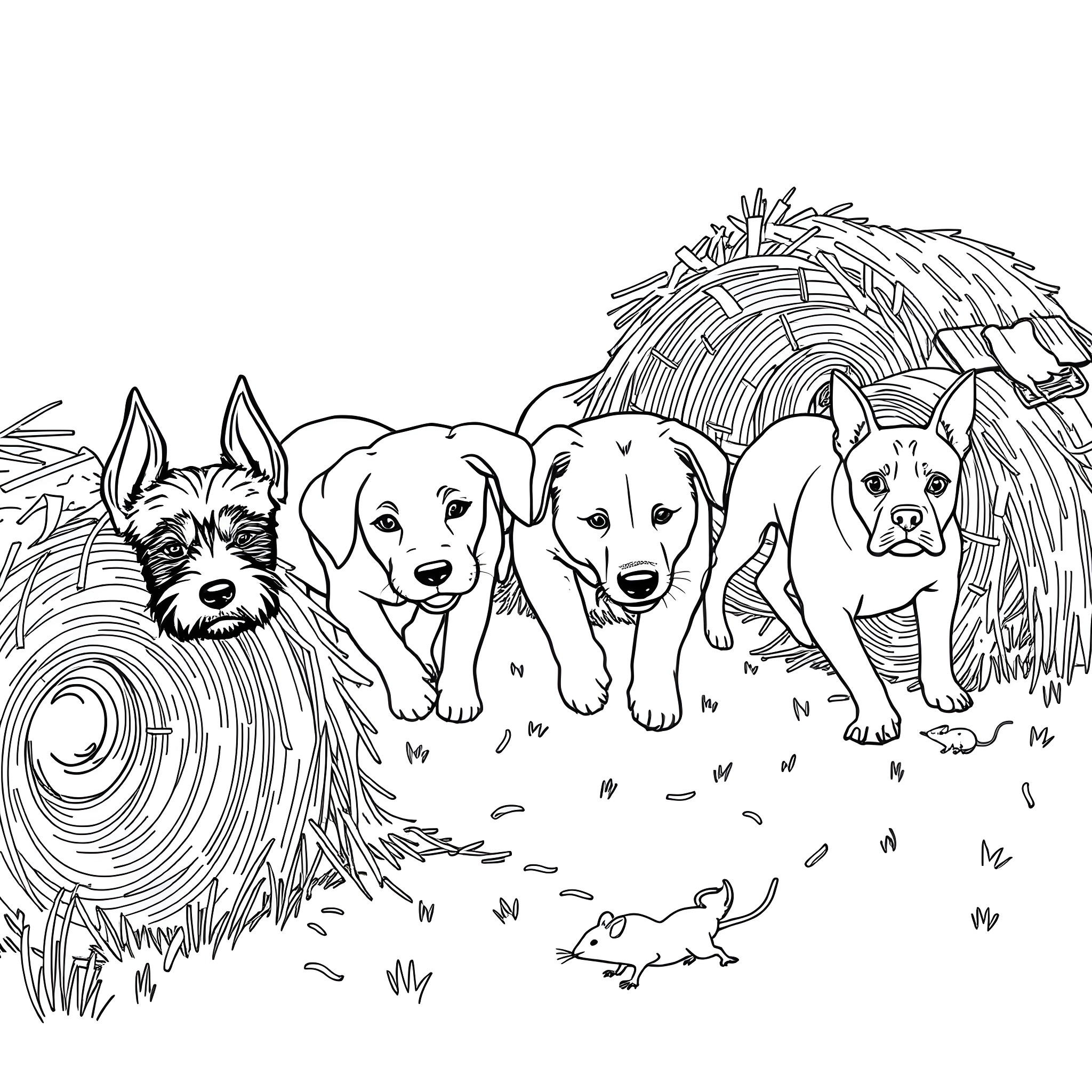 Dog friends playing in the haystack Coloring Page (free black-and-white line drawing printable PDF for all, from beginners to advanced learners, including children, teens, adults, and seniors)