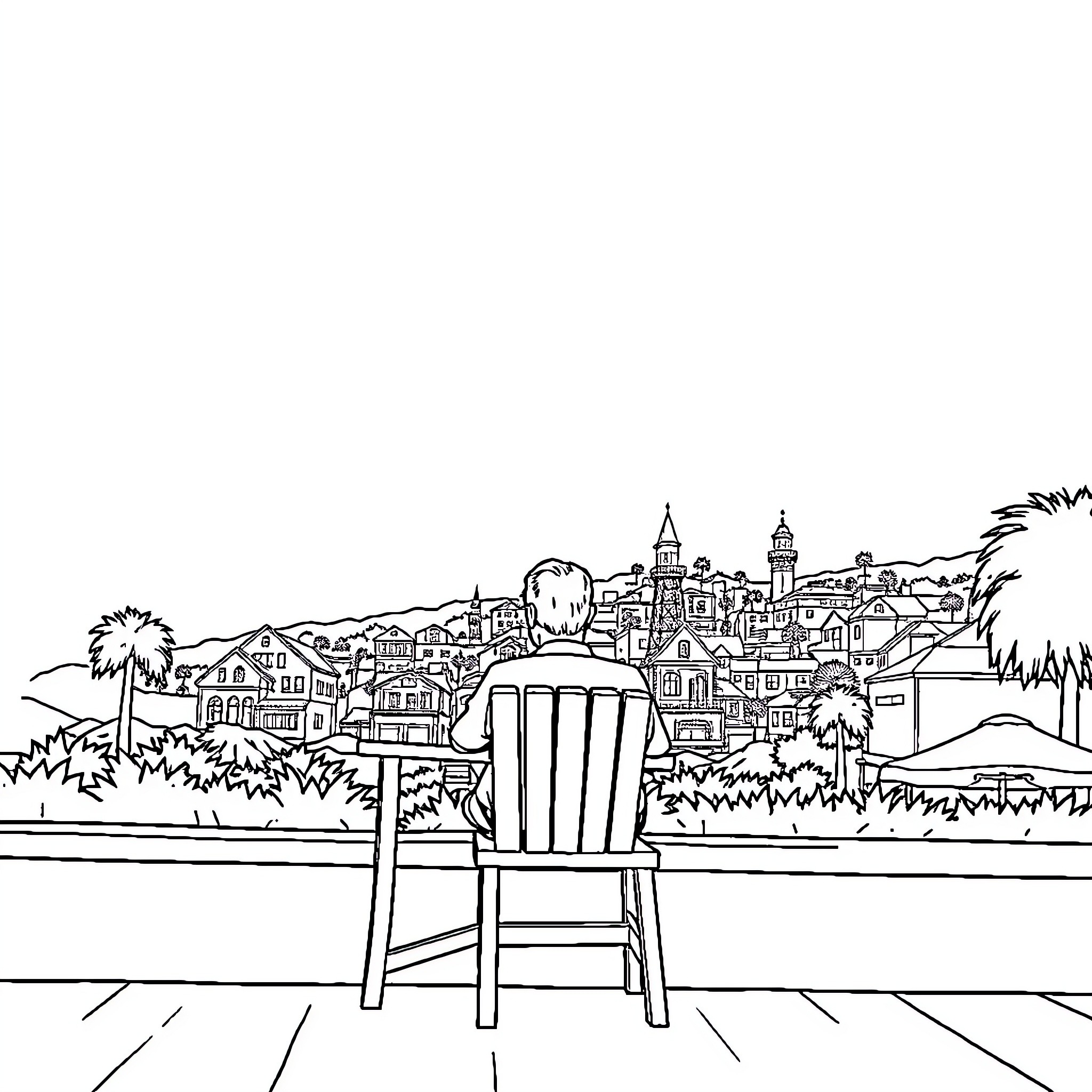 Santa Cruz coastal town scene with scenic overlook Coloring Page (free black-and-white line drawing printable PDF for all, from beginners to advanced learners, including children, teens, adults, and seniors)