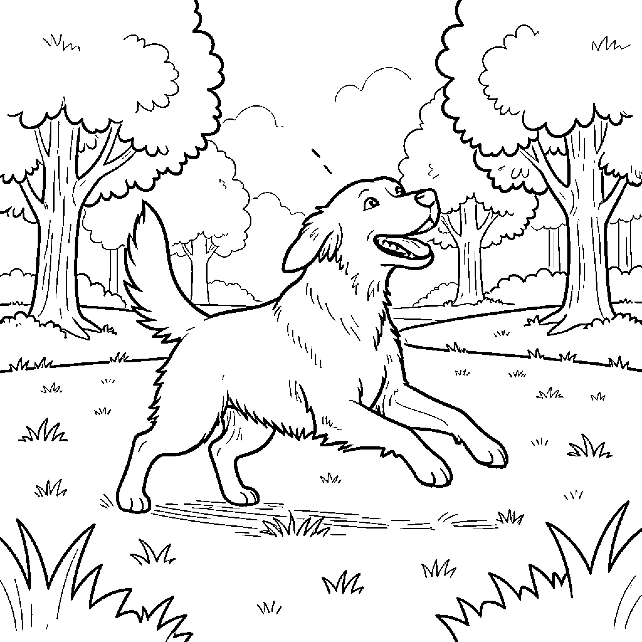 Dog running joyfully through a grassy park Coloring Page (free black-and-white line drawing printable PDF for all, from beginners to advanced learners, including children, teens, adults, and seniors)