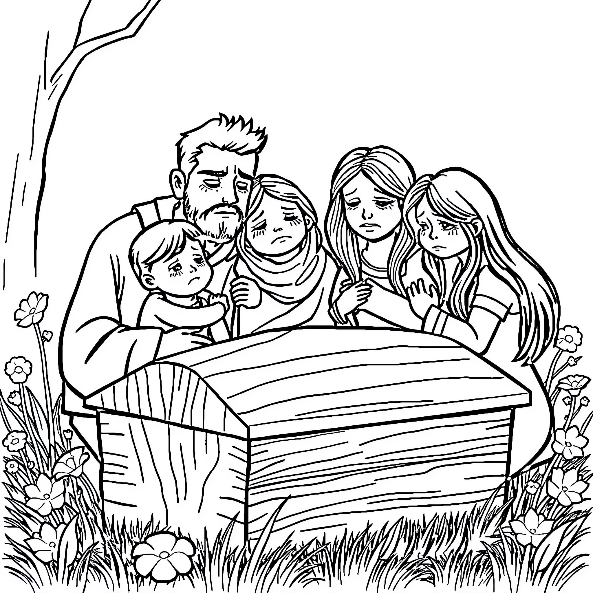 Family gathered around a wooden casket Coloring Page (free black-and-white line drawing printable PDF for all, from beginners to advanced learners, including children, teens, adults, and seniors)