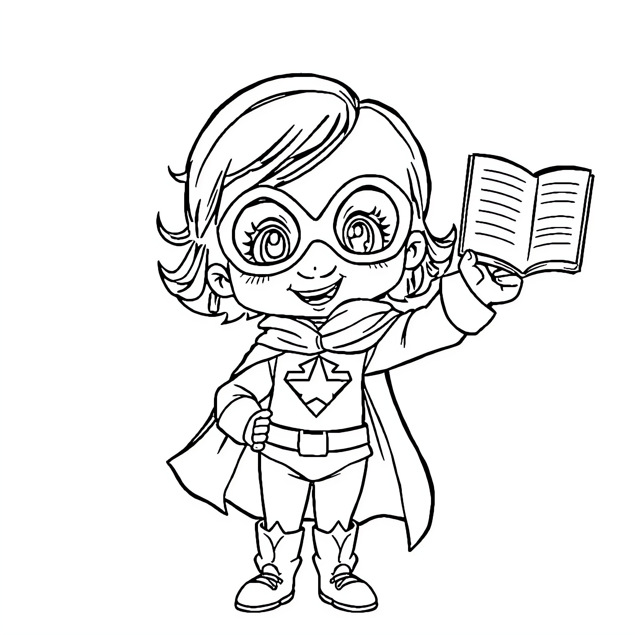 Girl superhero reading an exciting book Coloring Page (free black-and-white line drawing printable PDF for all, from beginners to advanced learners, including children, teens, adults, and seniors)