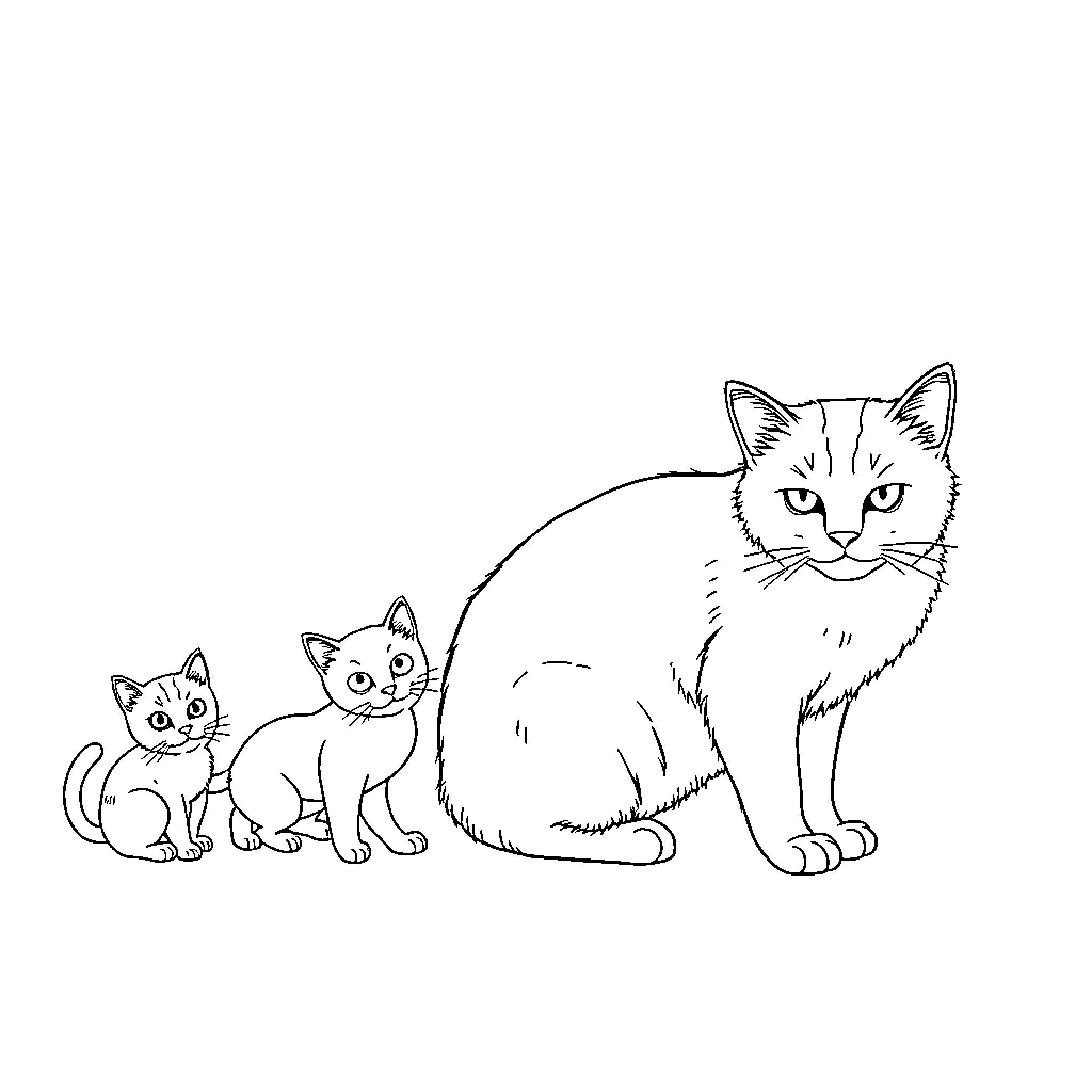 Cat family posing together Coloring Page (free black-and-white line drawing printable PDF for all, from beginners to advanced learners, including children, teens, adults, and seniors)