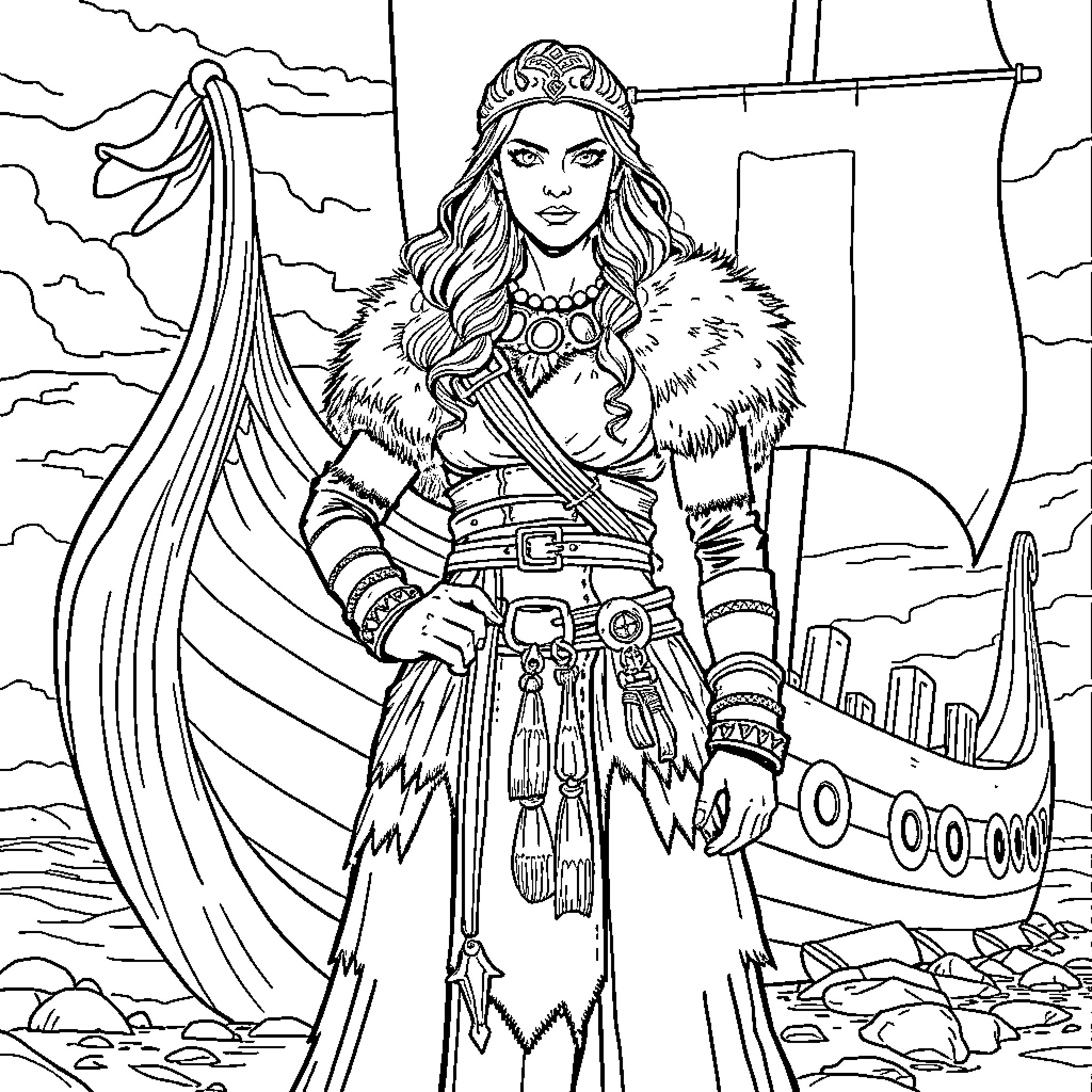 Princess Warrior Standing Tall on the Shores Coloring Page (free black-and-white line drawing printable PDF for all, from beginners to advanced learners, including children, teens, adults, and seniors)