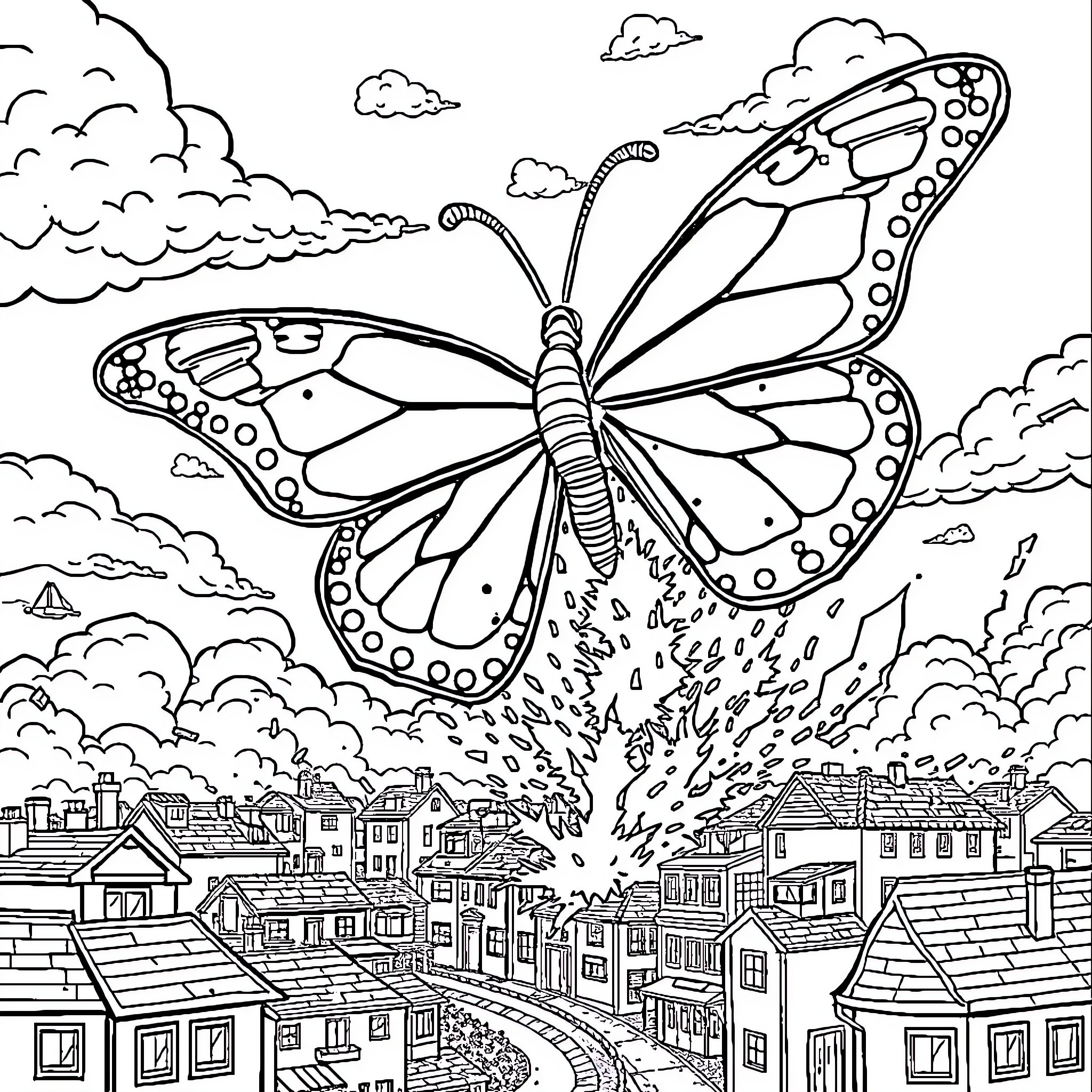 Butterfly spreading its wings over a town Coloring Page (free black-and-white line drawing printable PDF for all, from beginners to advanced learners, including children, teens, adults, and seniors)