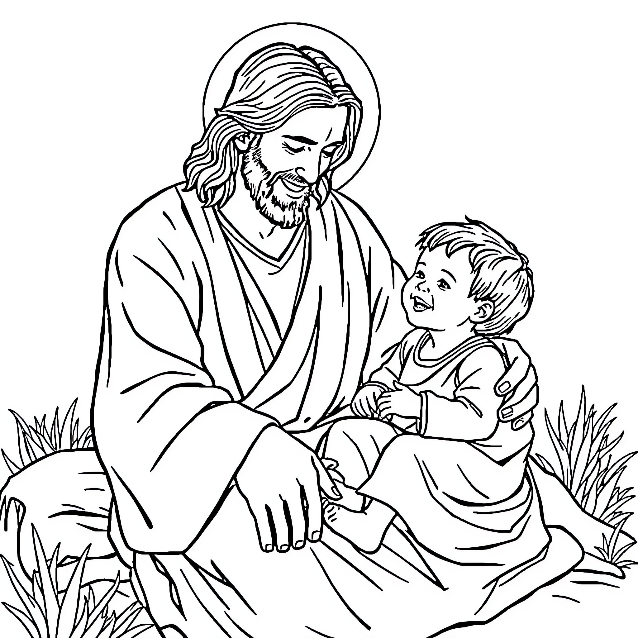 Jesus embracing and comforting a young child Coloring Page (free black-and-white line drawing printable PDF for all, from beginners to advanced learners, including children, teens, adults, and seniors)