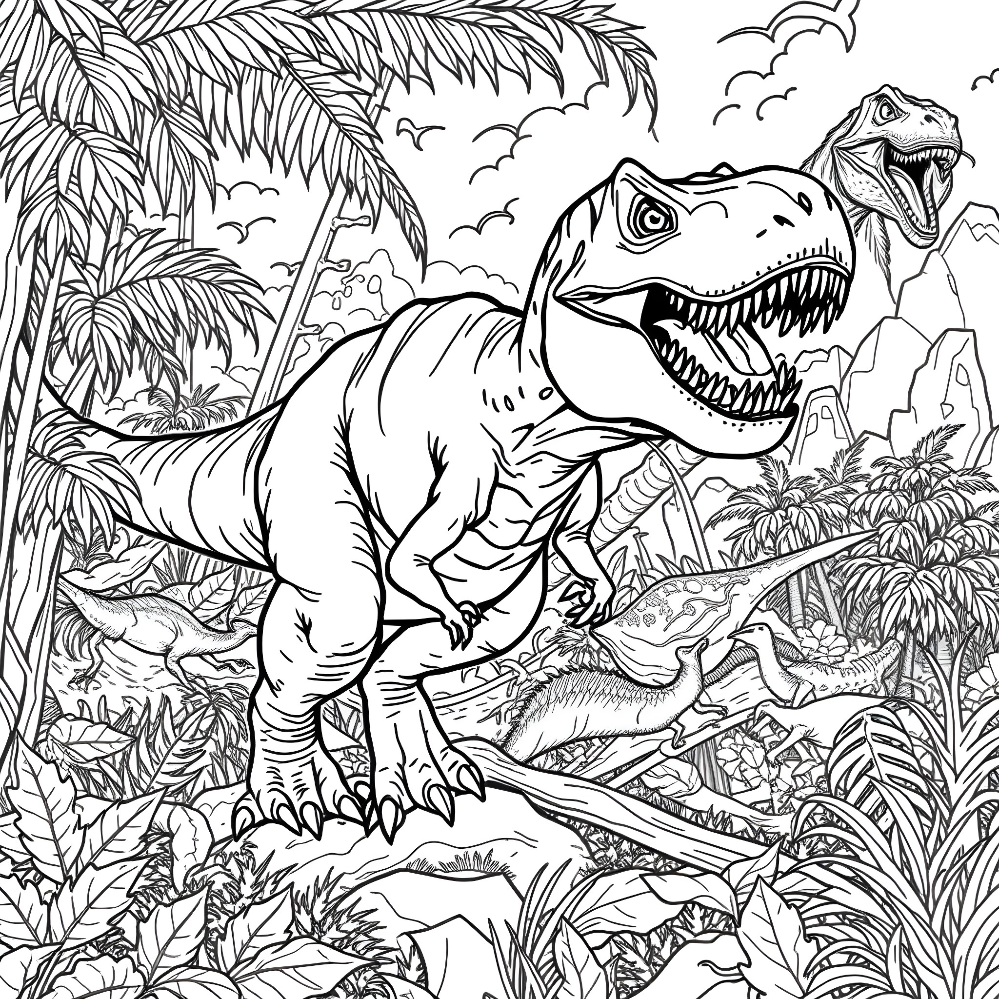 T-Rex Roaring Dominantly in Prehistoric Jungle Coloring Page (free black-and-white line drawing printable PDF for all, from beginners to advanced learners, including children, teens, adults, and seniors)