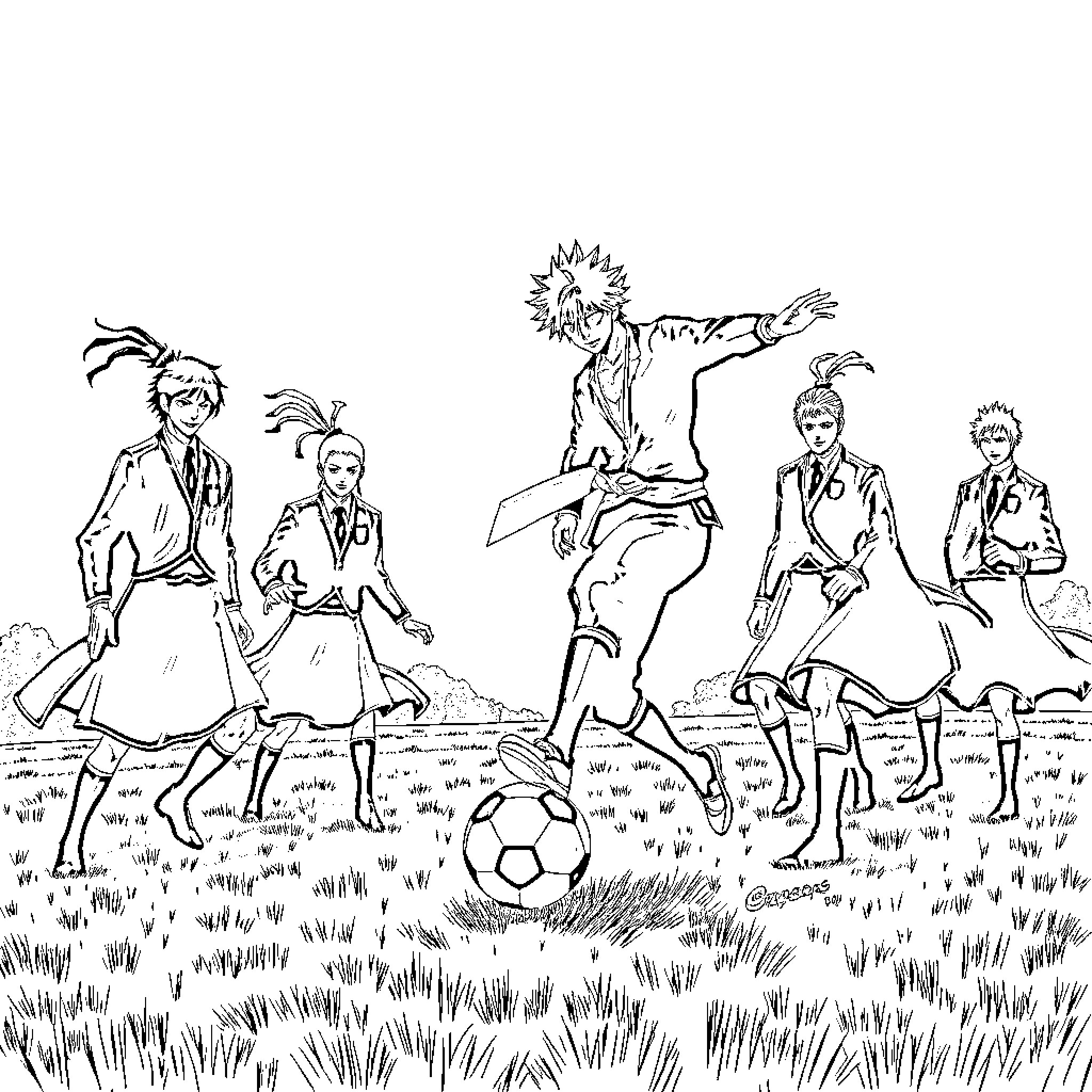 Ichigo and friends playing soccer in the field Coloring Page (free black-and-white line drawing printable PDF for all, from beginners to advanced learners, including children, teens, adults, and seniors)
