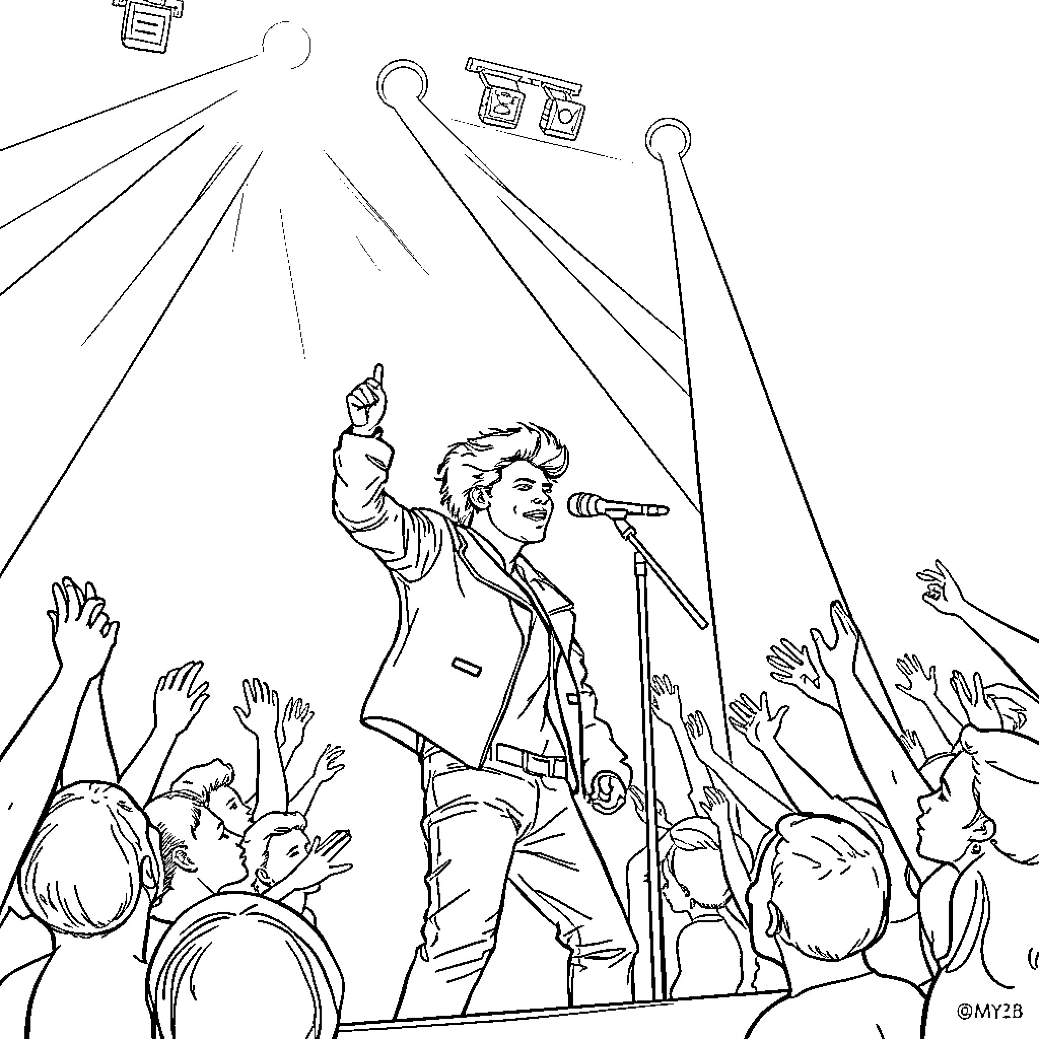 Harry Styles Performing on Stage with Adoring Crowd Coloring Page (free black-and-white line drawing printable PDF for all, from beginners to advanced learners, including children, teens, adults, and seniors)