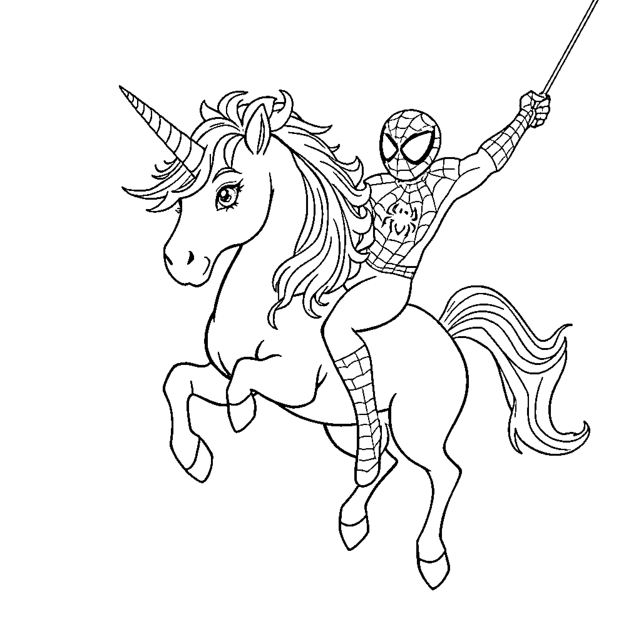 Unicorn and Superhero Riding Together Coloring Page (free black-and-white line drawing printable PDF for all, from beginners to advanced learners, including children, teens, adults, and seniors)