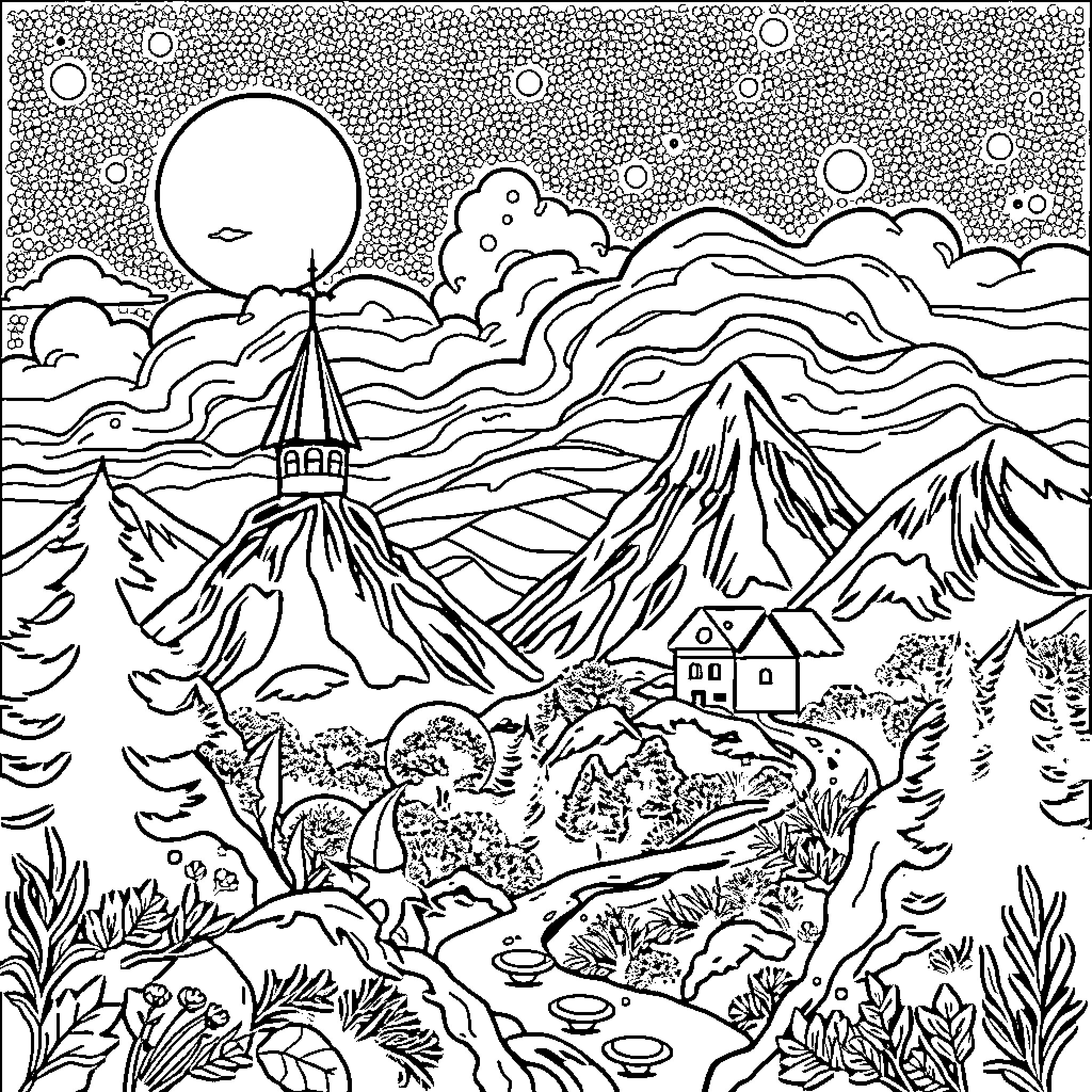 99 Nights in the Enchanted Mountain Landscape Coloring Page (free black-and-white line drawing printable PDF for all, from beginners to advanced learners, including children, teens, adults, and seniors)