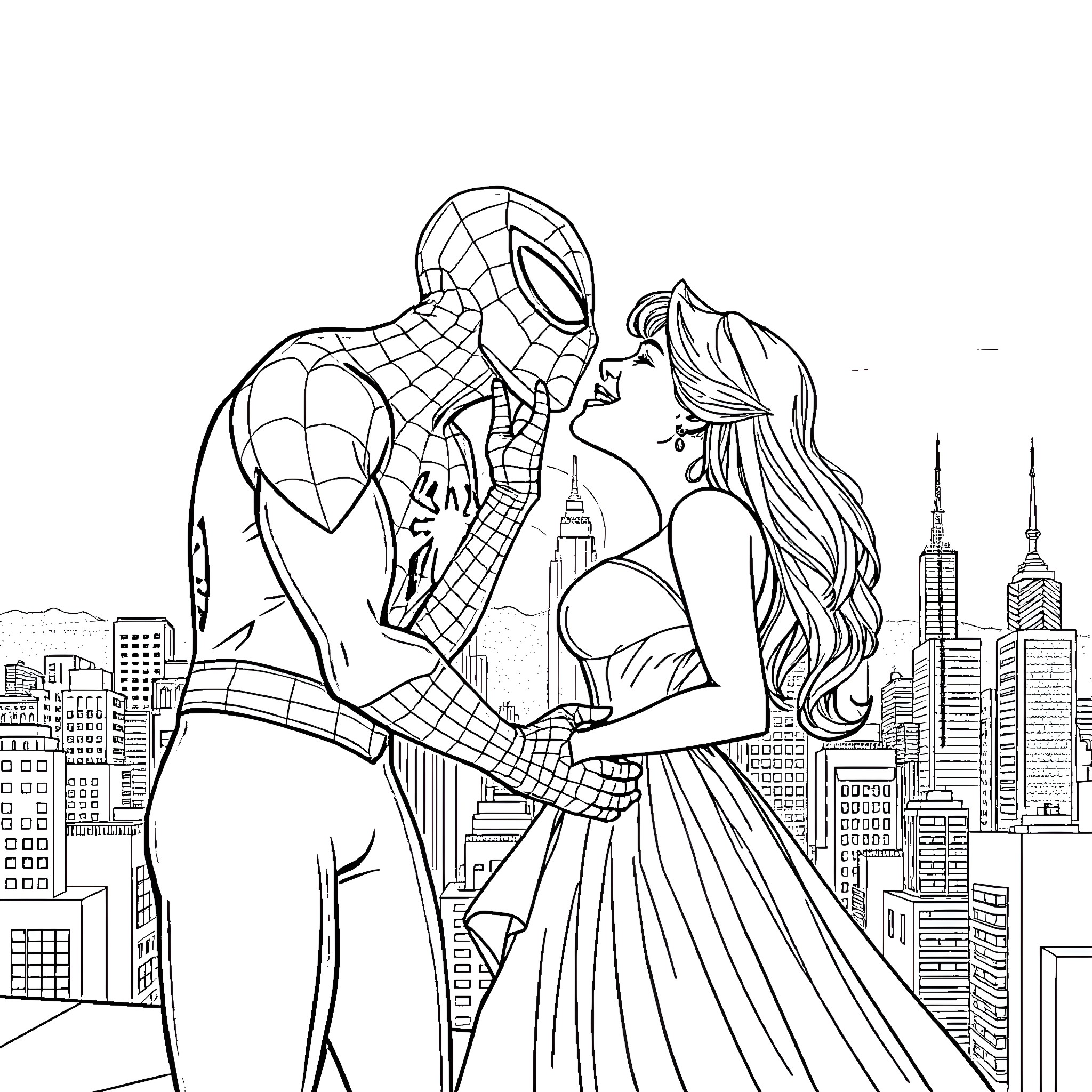 Spiderman embracing his love interest in the city Coloring Page (free black-and-white line drawing printable PDF for all, from beginners to advanced learners, including children, teens, adults, and seniors)