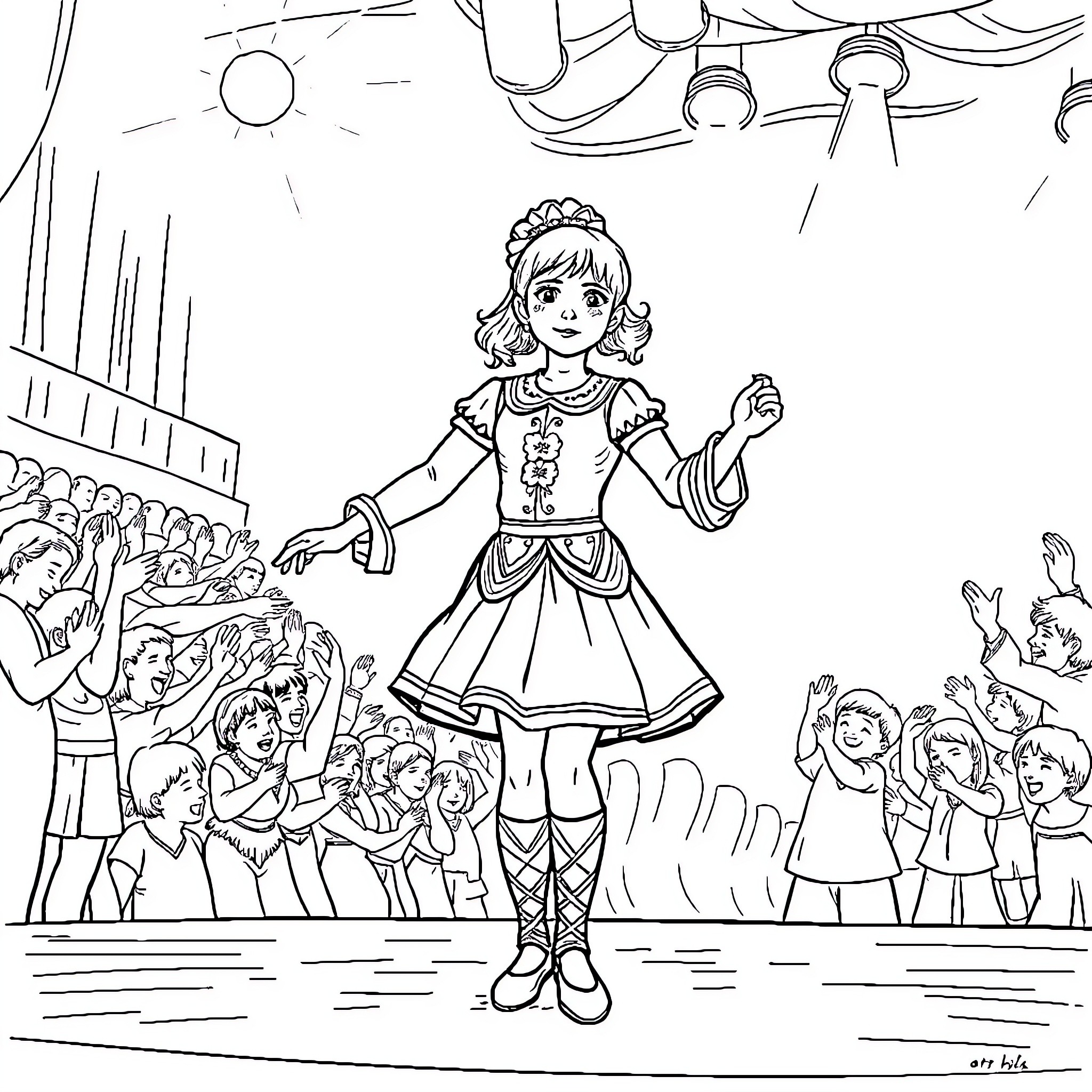 Dancer performing gracefully on stage Coloring Page (free black-and-white line drawing printable PDF for all, from beginners to advanced learners, including children, teens, adults, and seniors)