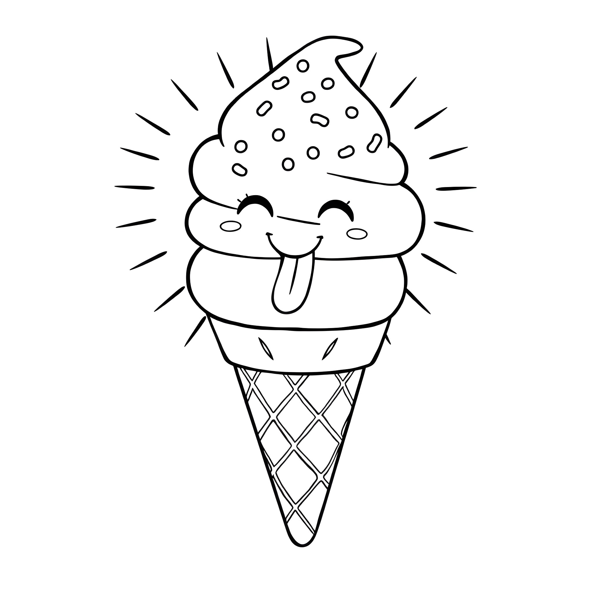 Ice Cream Cone with Cute Facial Expression Coloring Page (free black-and-white line drawing printable PDF for all, from beginners to advanced learners, including children, teens, adults, and seniors)