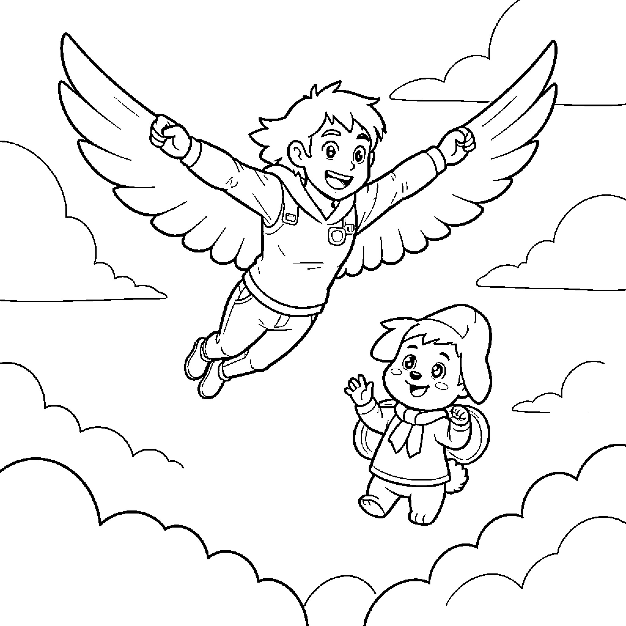 Airoman soaring with a puppy friend in the clouds Coloring Page (free black-and-white line drawing printable PDF for all, from beginners to advanced learners, including children, teens, adults, and seniors)