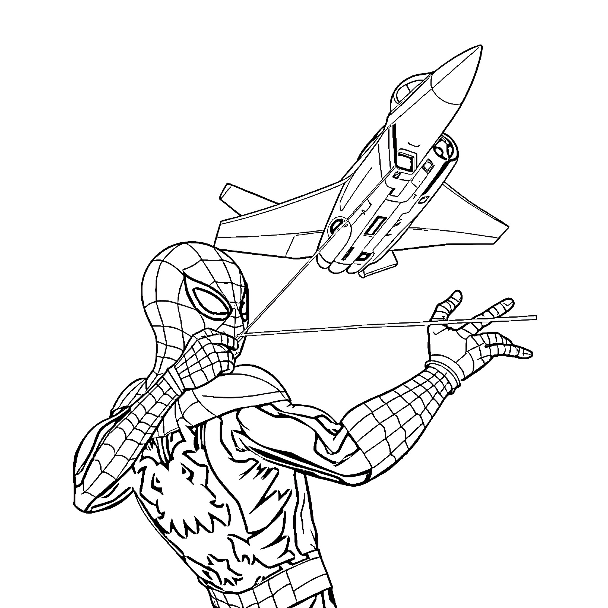 Spider-Man Swinging Into Action With Jet Pack Coloring Page (free black-and-white line drawing printable PDF for all, from beginners to advanced learners, including children, teens, adults, and seniors)