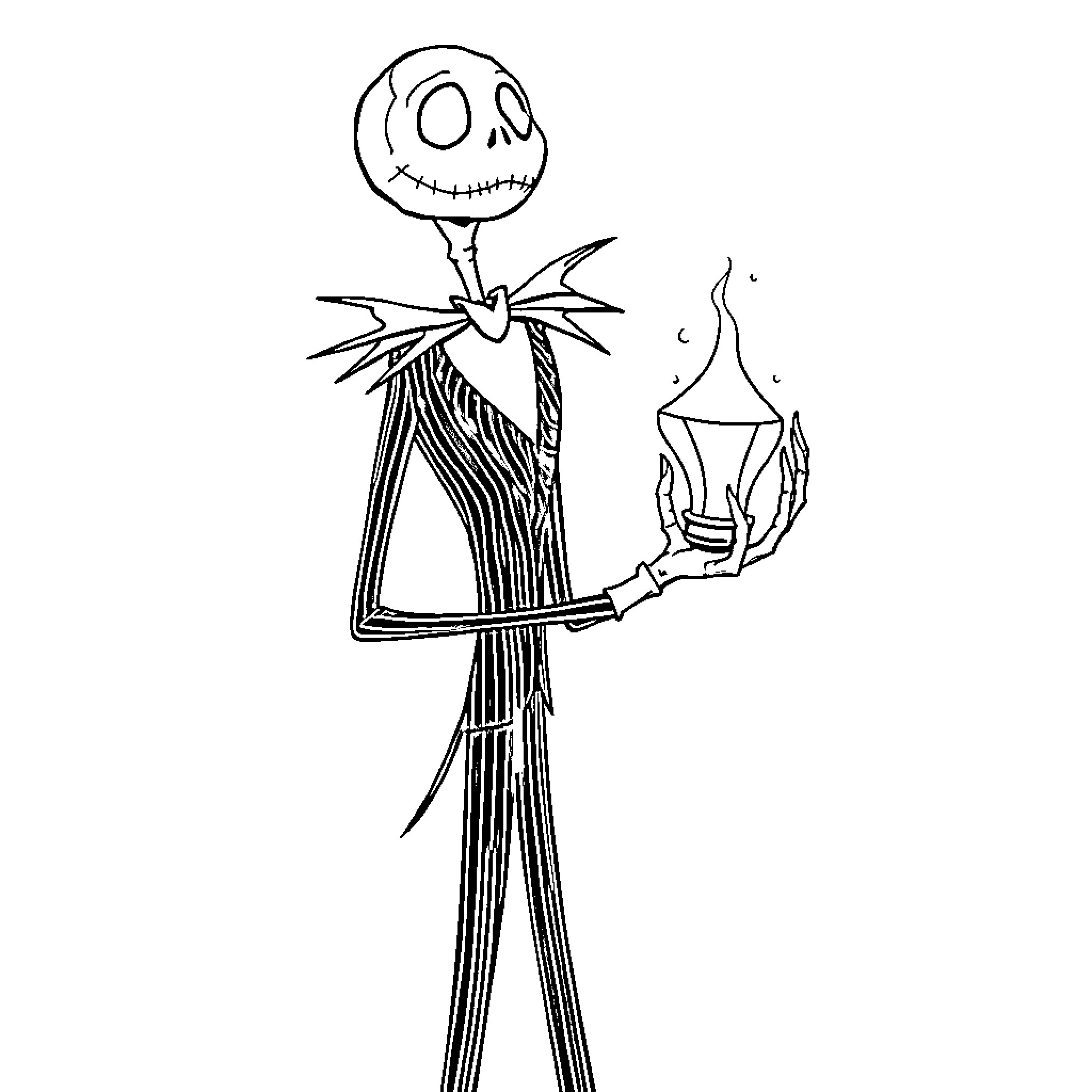 Jack Skeleton in a spooky, whimsical pose Coloring Page (free black-and-white line drawing printable PDF for all, from beginners to advanced learners, including children, teens, adults, and seniors)
