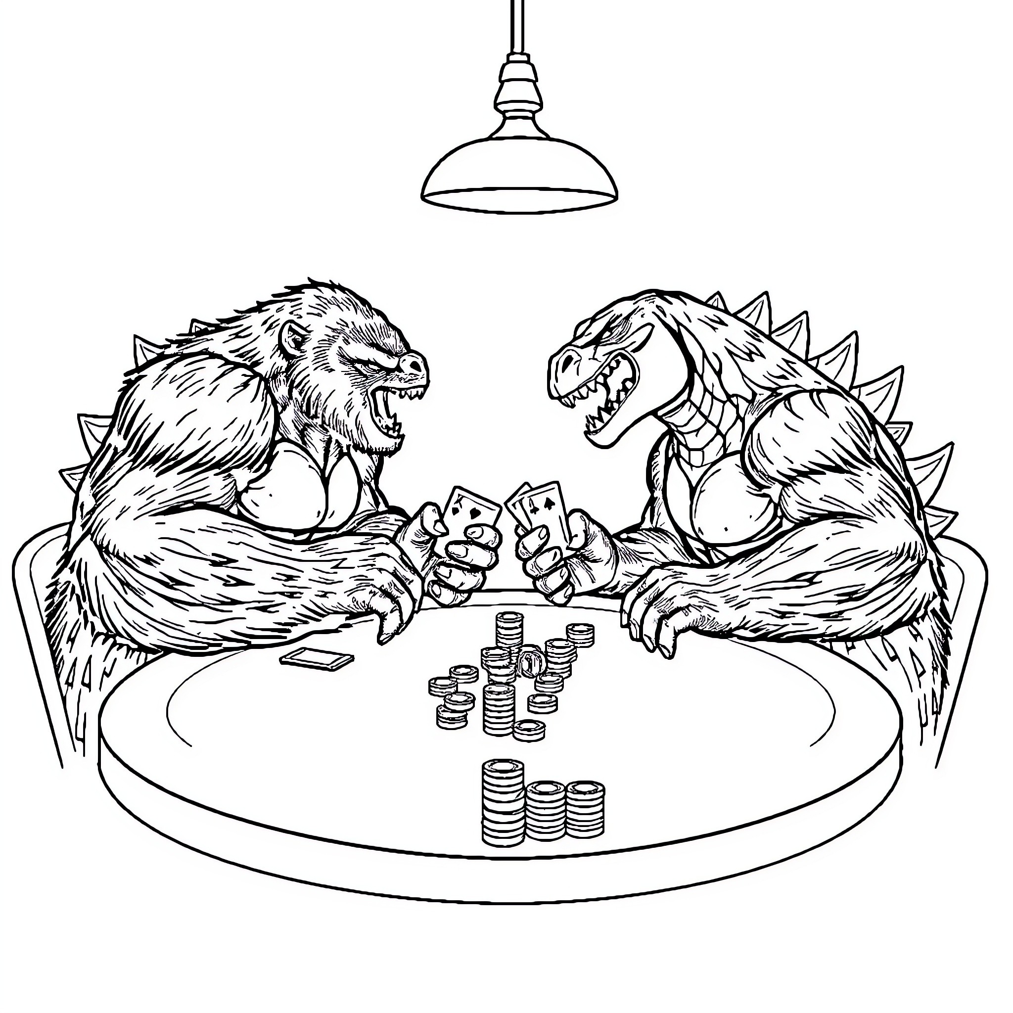 King Kong Casino - Fierce Monsters Gambling Fiercely Coloring Page (free black-and-white line drawing printable PDF for all, from beginners to advanced learners, including children, teens, adults, and seniors)