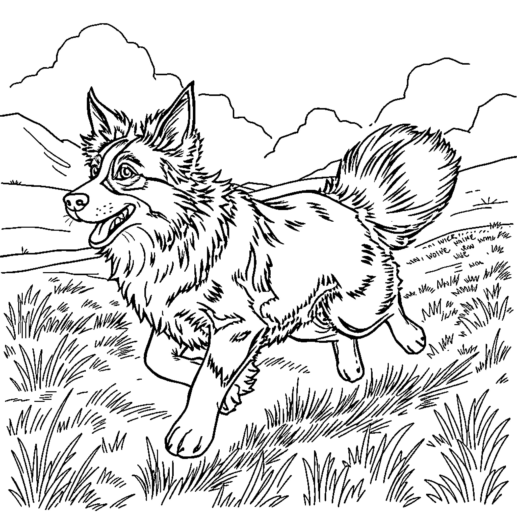 Border Collie Running Playfully in the Countryside Coloring Page (free black-and-white line drawing printable PDF for all, from beginners to advanced learners, including children, teens, adults, and seniors)