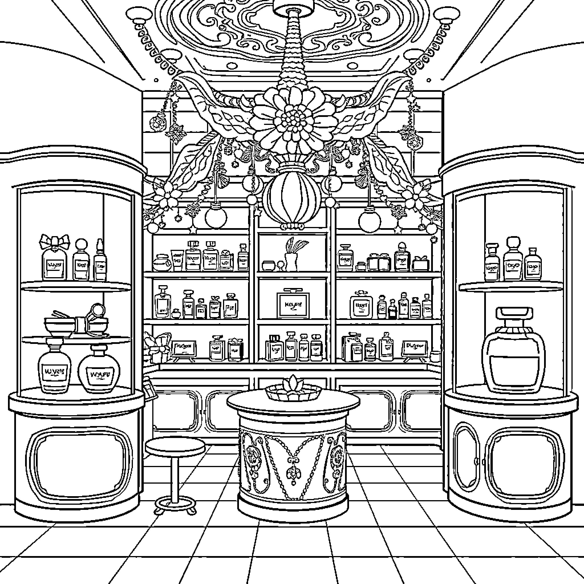 Perfume shop with intricate decor and display Coloring Page (free black-and-white line drawing printable PDF for all, from beginners to advanced learners, including children, teens, adults, and seniors)
