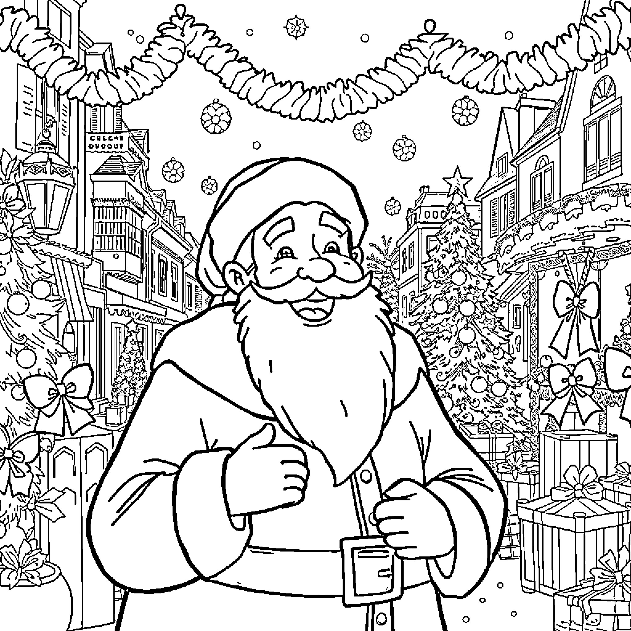 Santa Claus enjoys the festive town during the holiday season Coloring Page (free black-and-white line drawing printable PDF for all, from beginners to advanced learners, including children, teens, adults, and seniors)