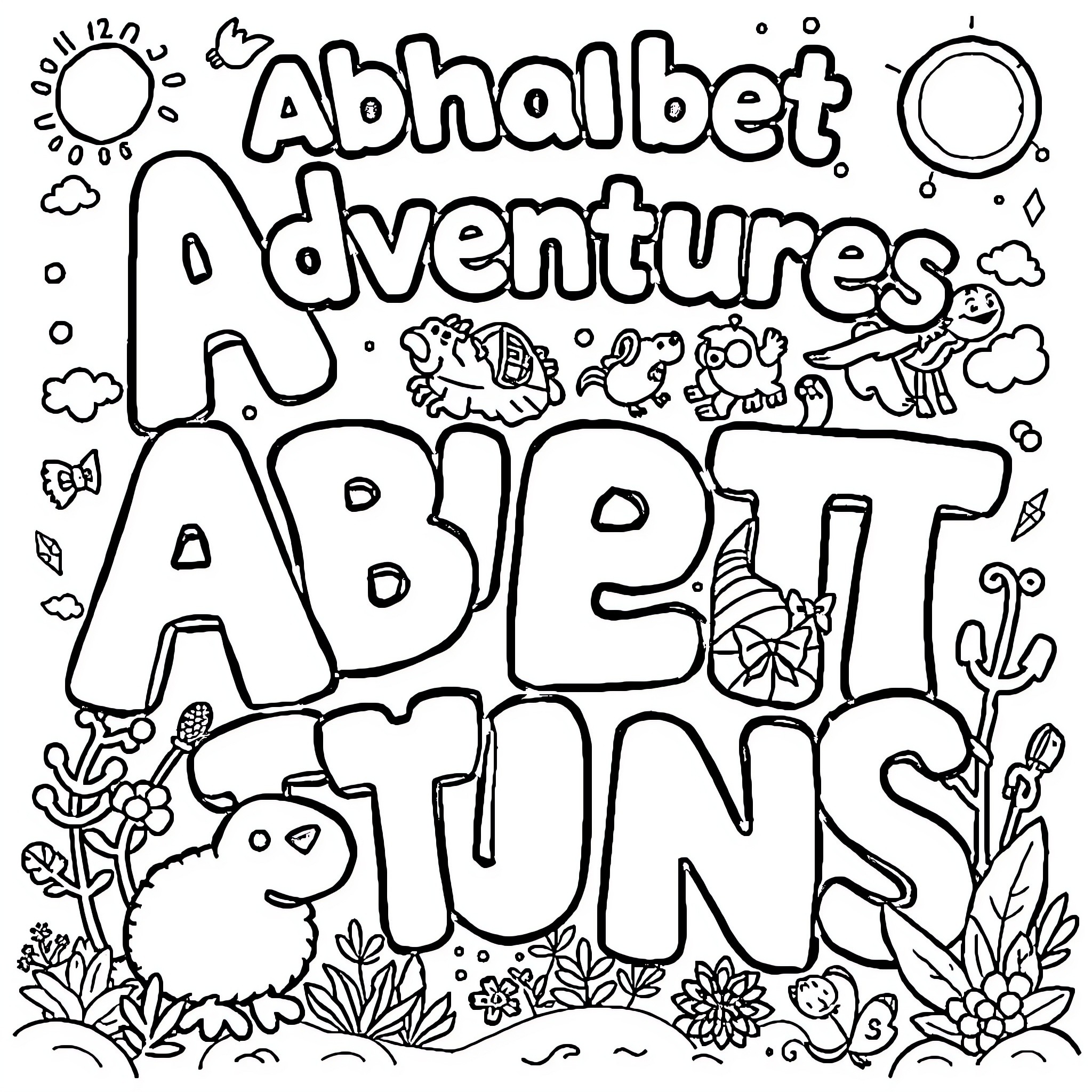 Alphabet Adventures of a Wild Bunch Coloring Page (free black-and-white line drawing printable PDF for all, from beginners to advanced learners, including children, teens, adults, and seniors)