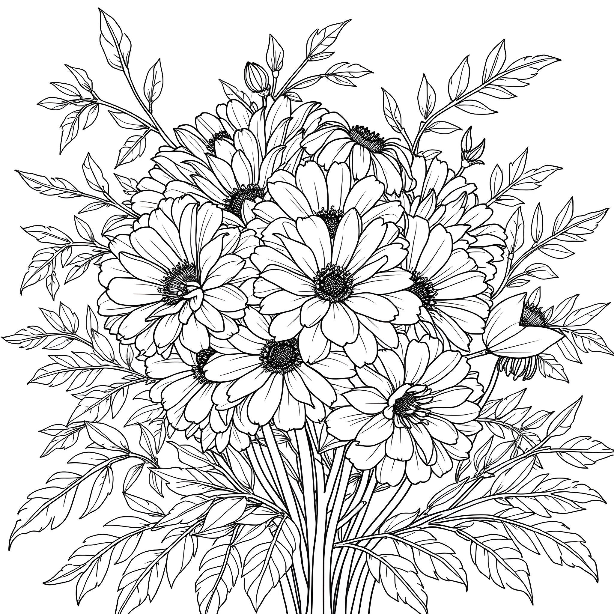 Marigold Floral Bouquet in Monochrome Coloring Page (free black-and-white line drawing printable PDF for all, from beginners to advanced learners, including children, teens, adults, and seniors)