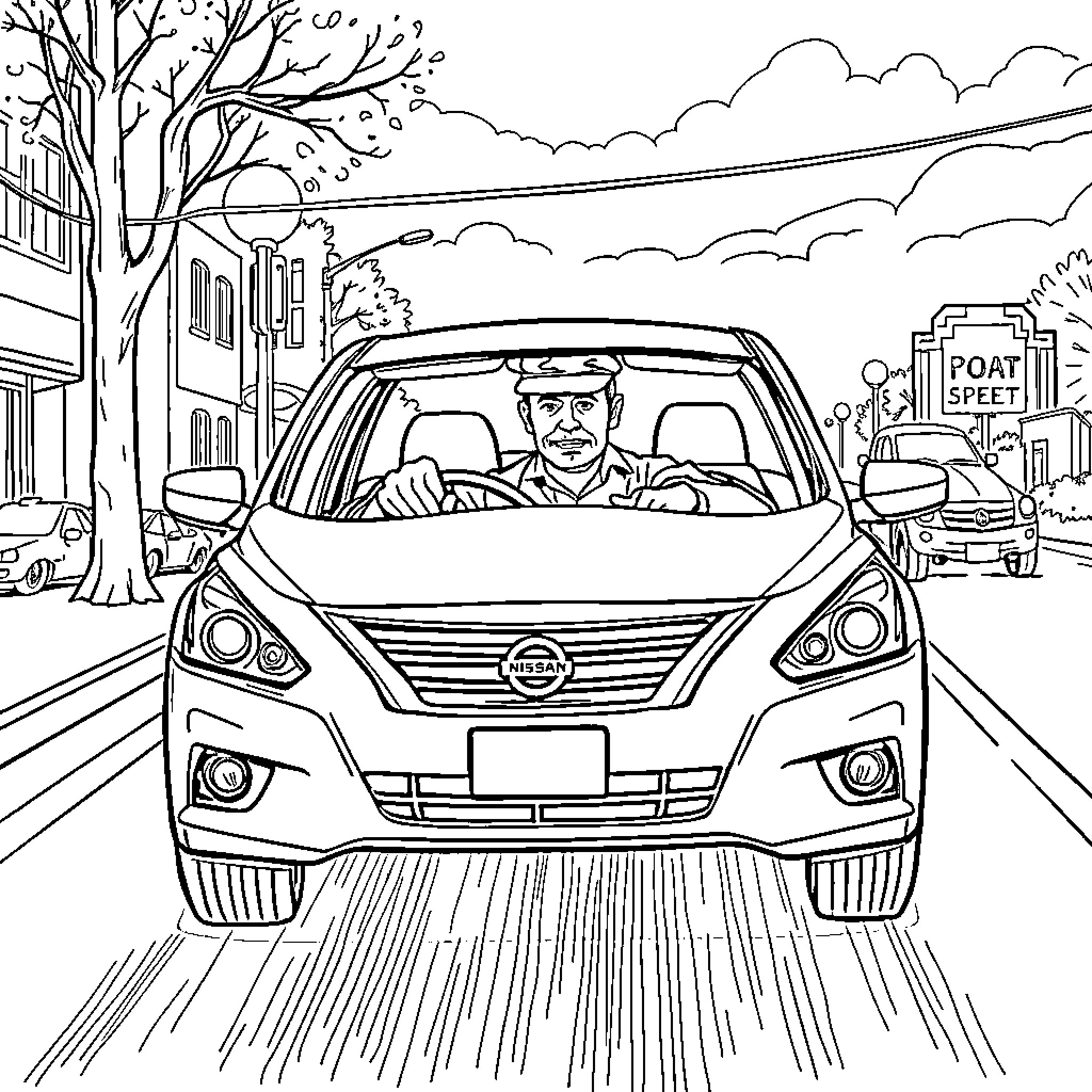 Jewish Man Driving a Car on a City Street Coloring Page (free black-and-white line drawing printable PDF for all, from beginners to advanced learners, including children, teens, adults, and seniors)
