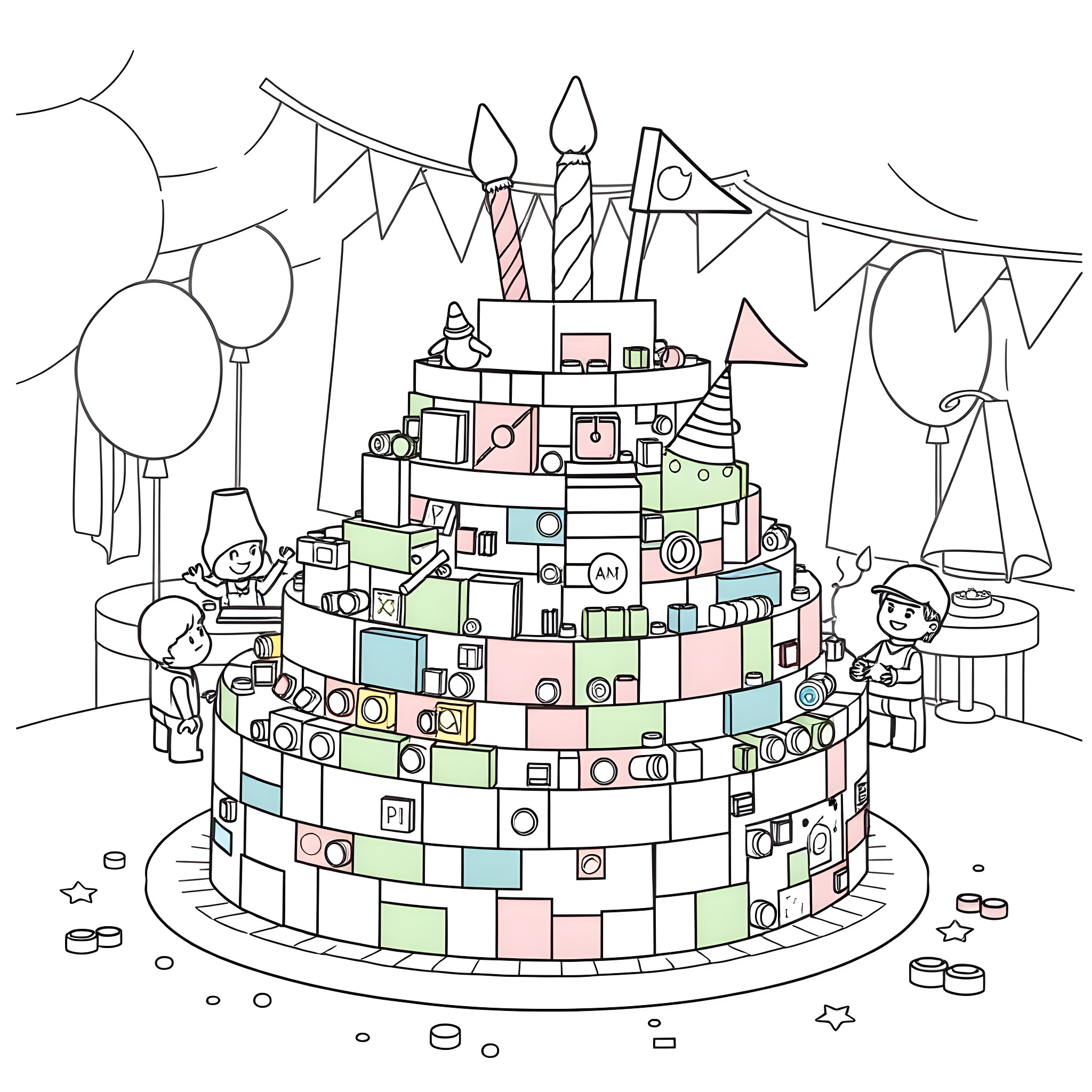 Cake with Festive Decorations and Figures Coloring Page (free black-and-white line drawing printable PDF for all, from beginners to advanced learners, including children, teens, adults, and seniors)