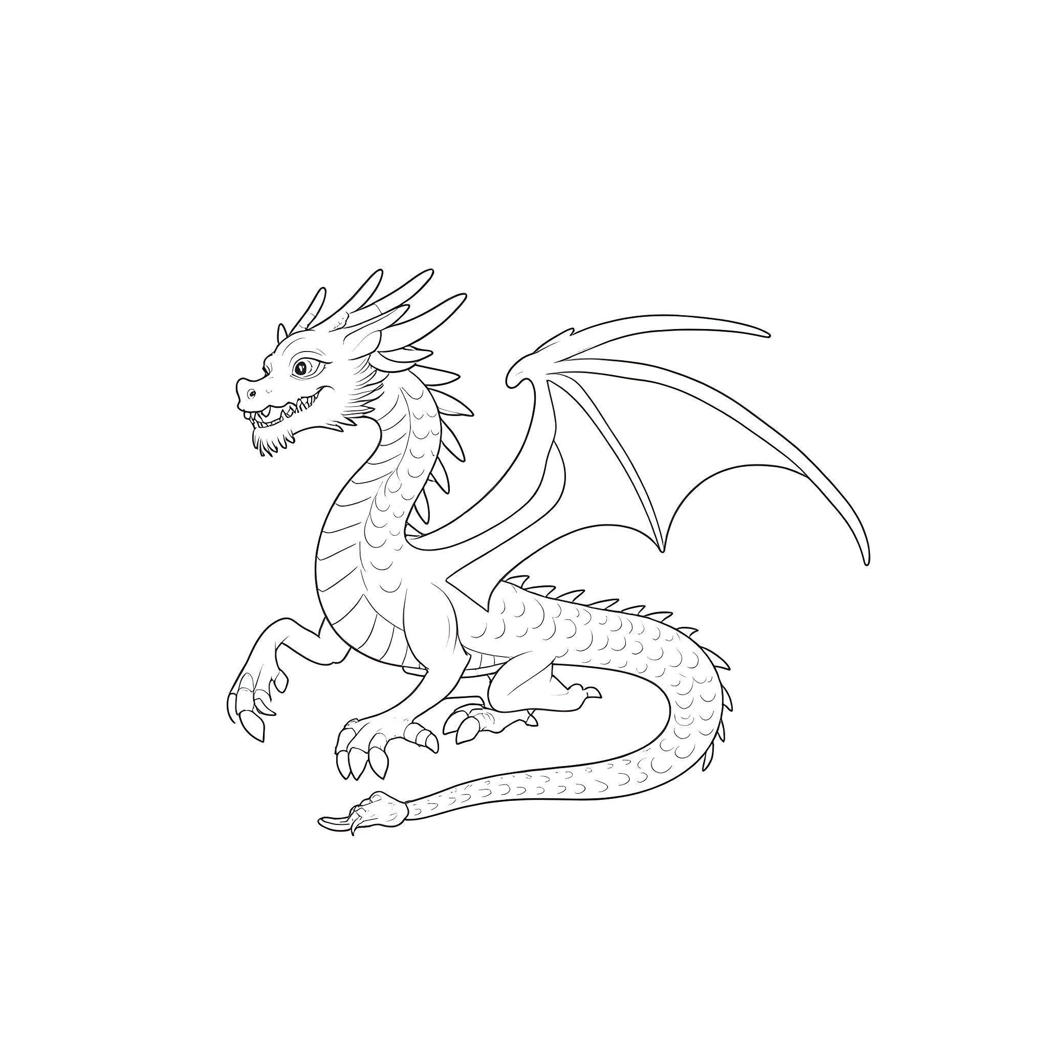 Dragon in a fierce pose Coloring Page (free black-and-white line drawing printable PDF for all, from beginners to advanced learners, including children, teens, adults, and seniors)