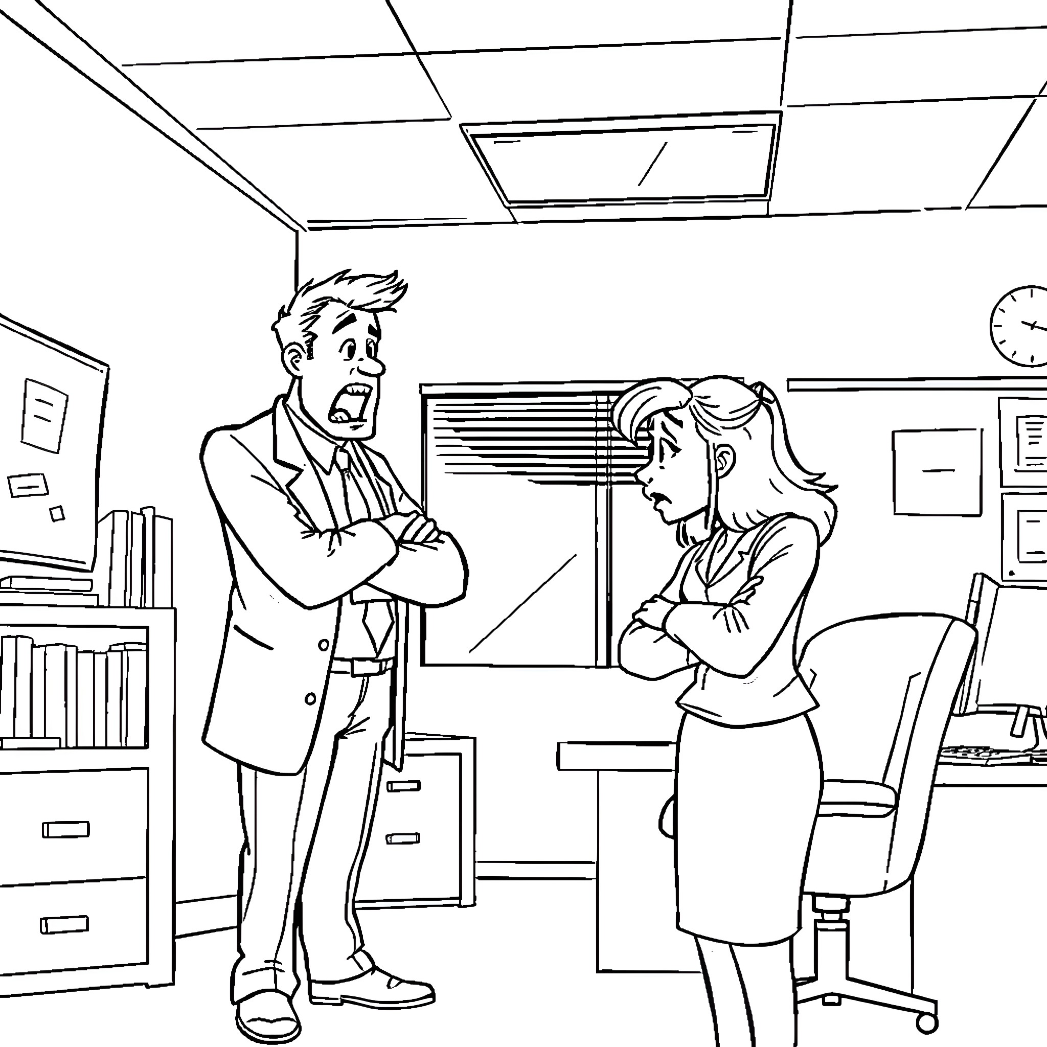 Boss discussing with employee in office Coloring Page (free black-and-white line drawing printable PDF for all, from beginners to advanced learners, including children, teens, adults, and seniors)