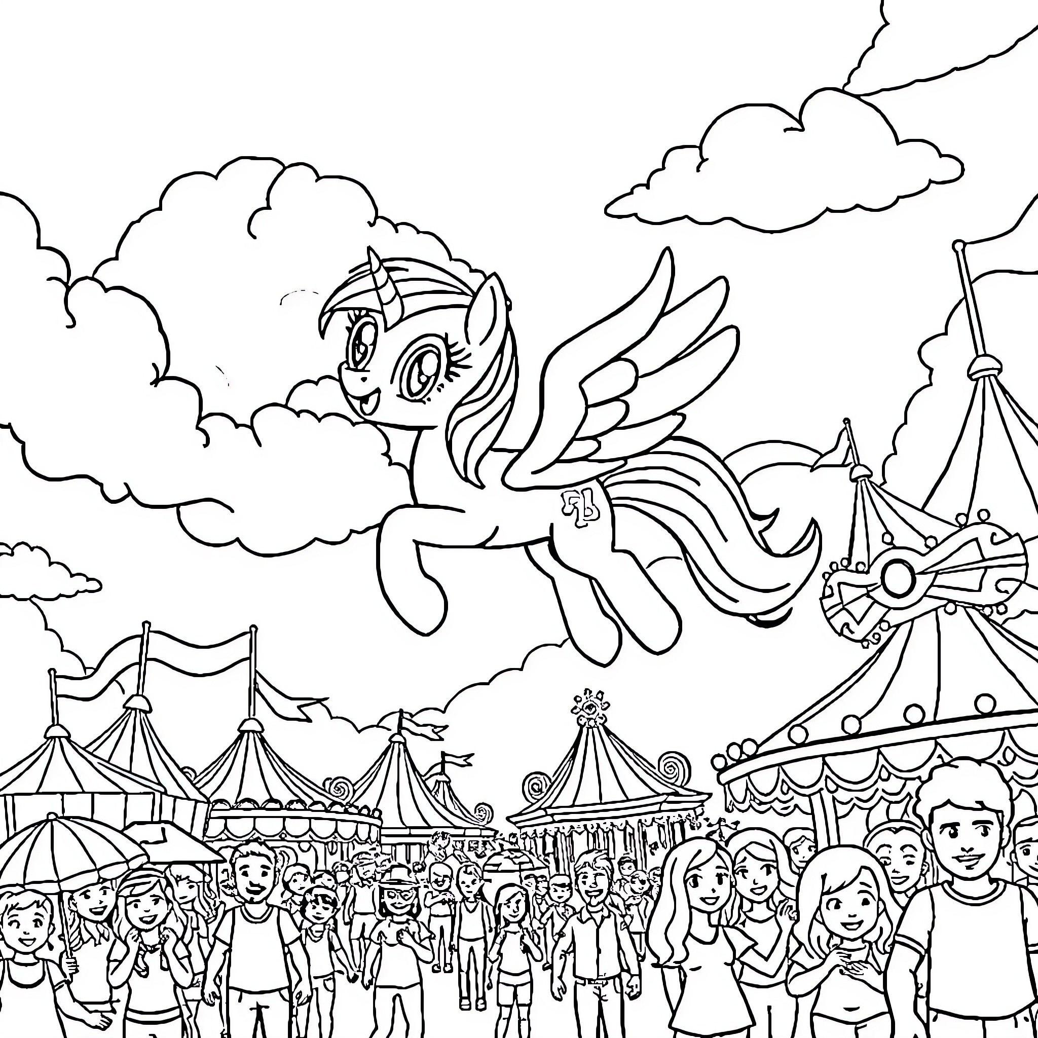 Rainbow Dash soars over a lively carnival scene Coloring Page (free black-and-white line drawing printable PDF for all, from beginners to advanced learners, including children, teens, adults, and seniors)