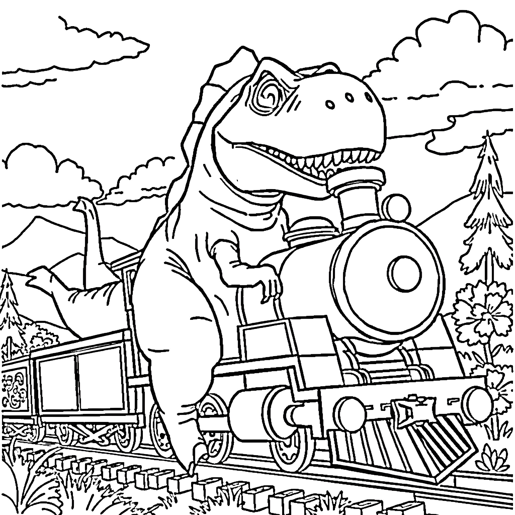 T-Rex Dinosaur Riding a Train in the Wilderness Coloring Page (free black-and-white line drawing printable PDF for all, from beginners to advanced learners, including children, teens, adults, and seniors)