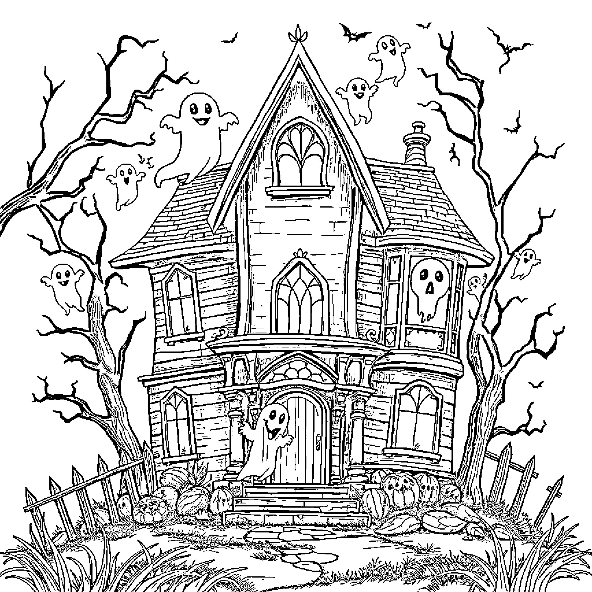 Haunted House with Spooky Ghosts and Creepy Trees Coloring Page (free black-and-white line drawing printable PDF for all, from beginners to advanced learners, including children, teens, adults, and seniors)