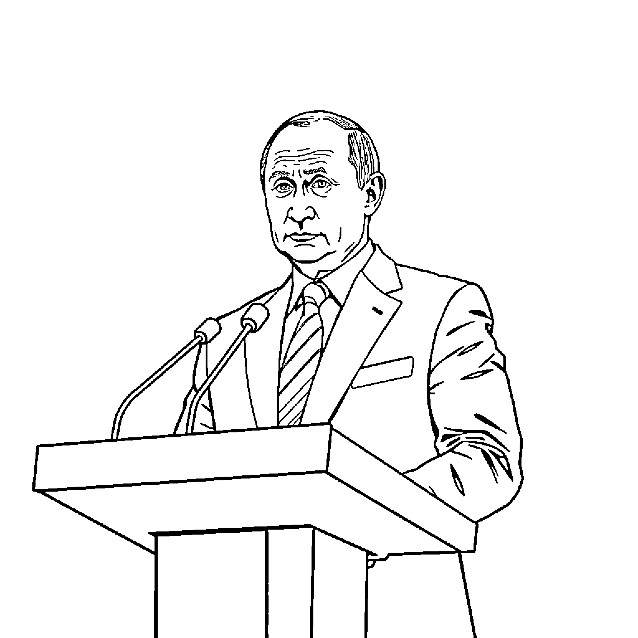 Vladimir Putin delivering a speech at the podium Coloring Page (free black-and-white line drawing printable PDF for all, from beginners to advanced learners, including children, teens, adults, and seniors)
