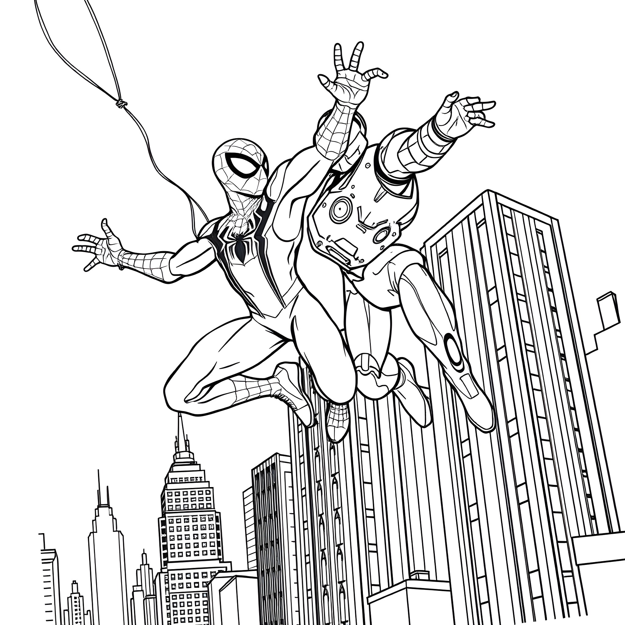 Spidey's Heroic Leap over the City Skyline Coloring Page (free black-and-white line drawing printable PDF for all, from beginners to advanced learners, including children, teens, adults, and seniors)