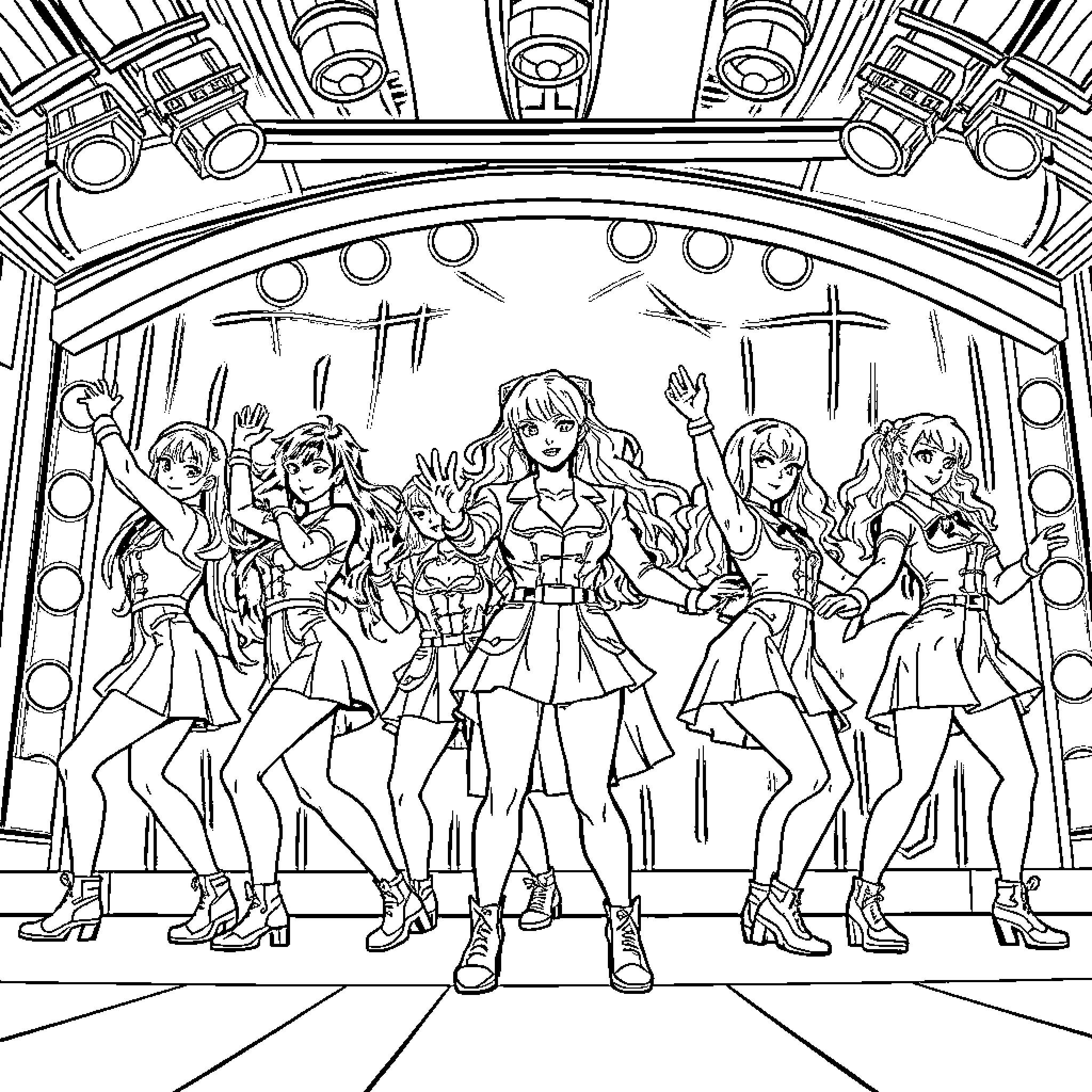 K Pop Warrior Performers on Stage Coloring Page (free black-and-white line drawing printable PDF for all, from beginners to advanced learners, including children, teens, adults, and seniors)