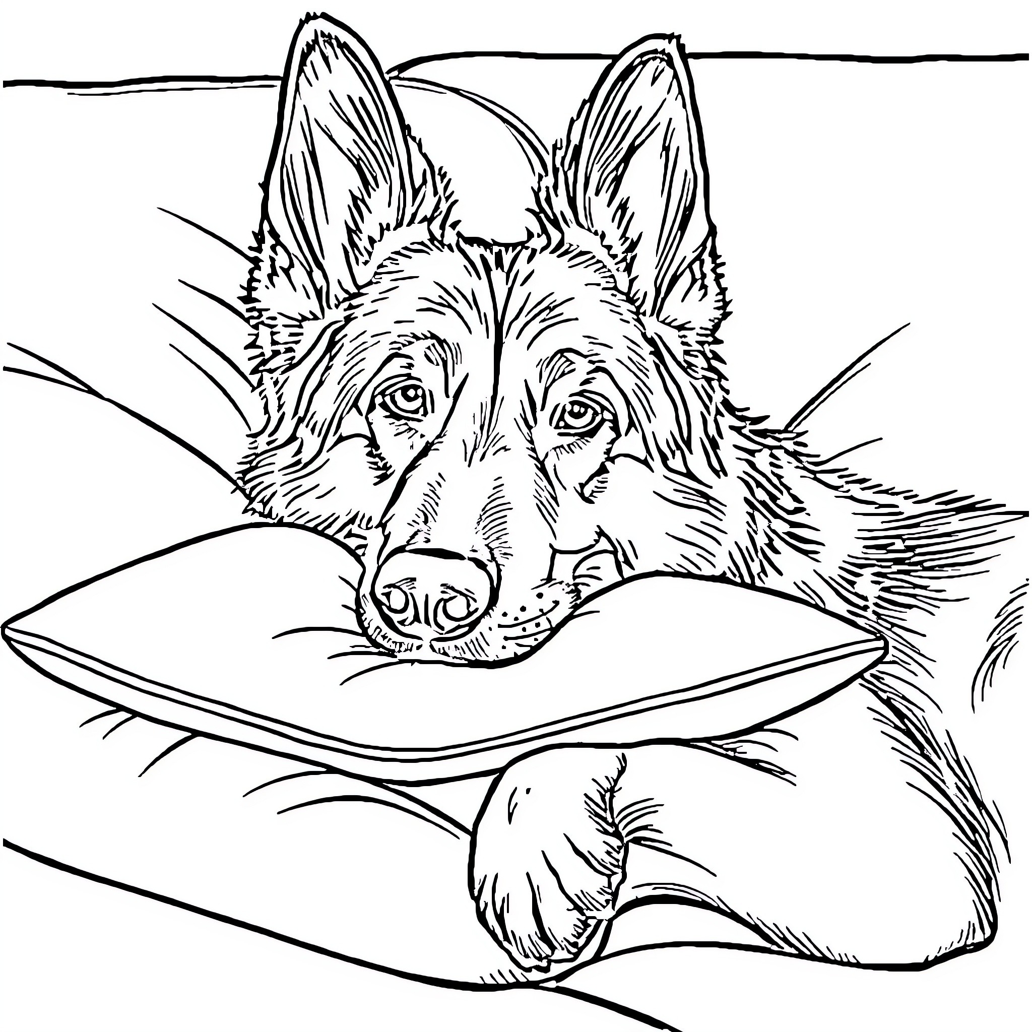 German Shepherd resting on a pillow Coloring Page (free black-and-white line drawing printable PDF for all, from beginners to advanced learners, including children, teens, adults, and seniors)