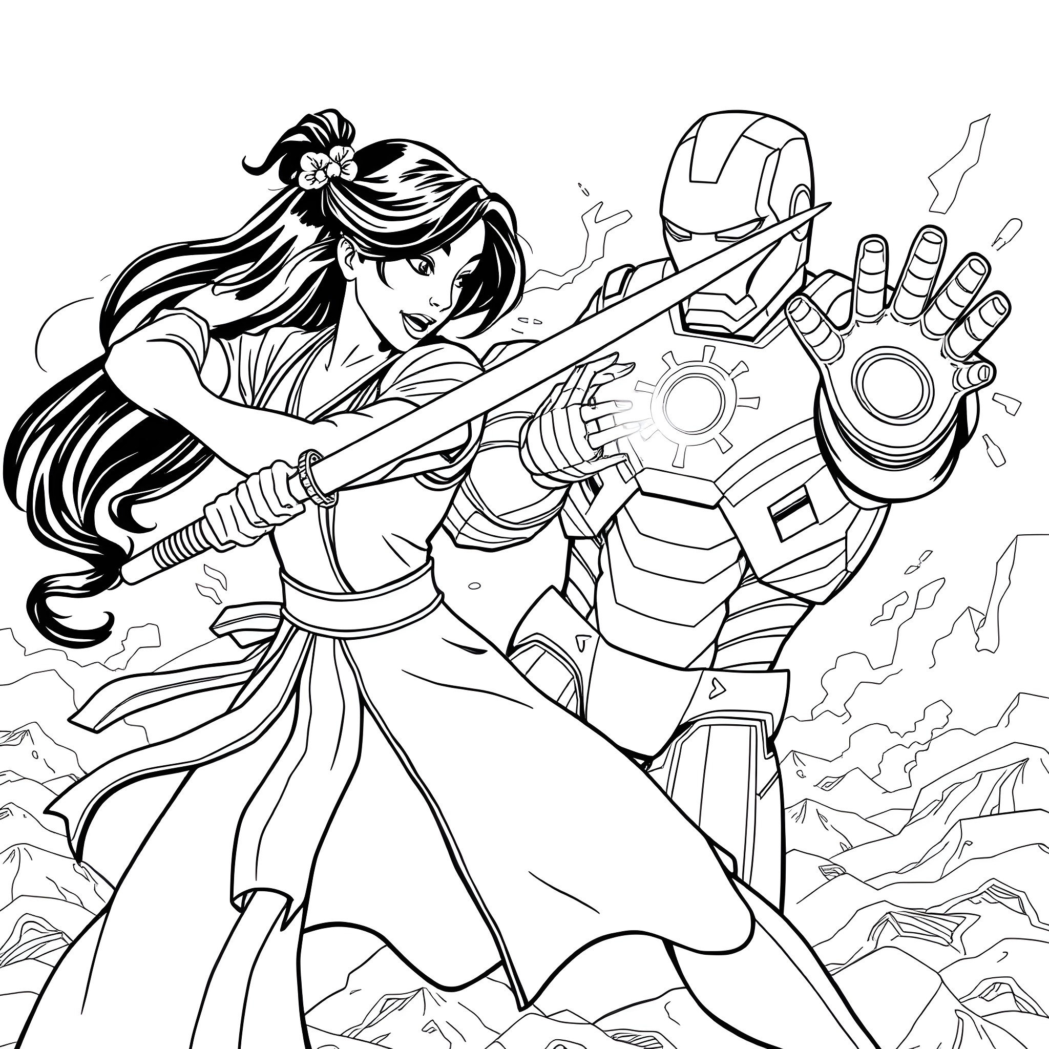 Mulan in action with Iron Man on an adventure Coloring Page (free black-and-white line drawing printable PDF for all, from beginners to advanced learners, including children, teens, adults, and seniors)