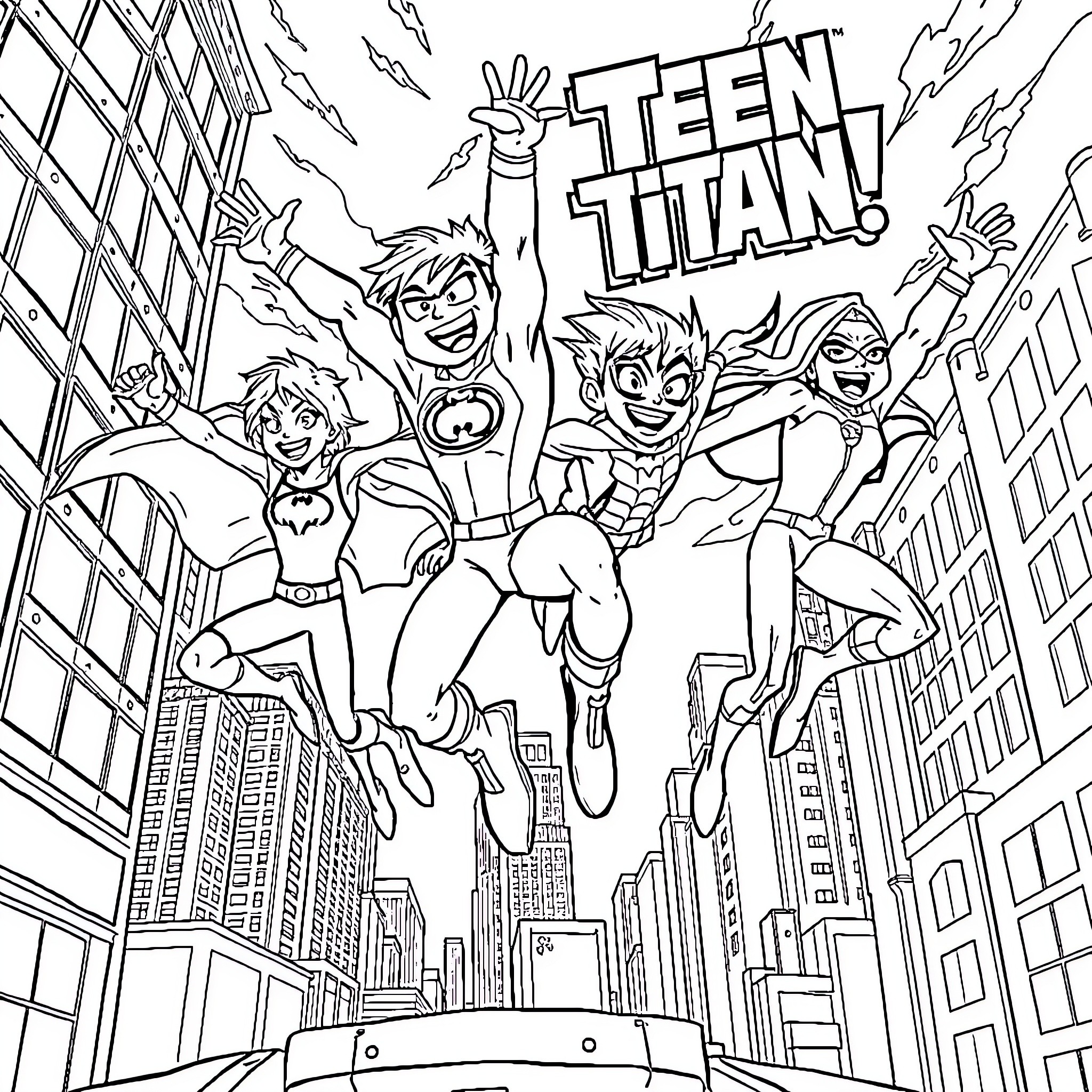 Teen Titans in Action-Packed City Adventure Coloring Page (free black-and-white line drawing printable PDF for all, from beginners to advanced learners, including children, teens, adults, and seniors)