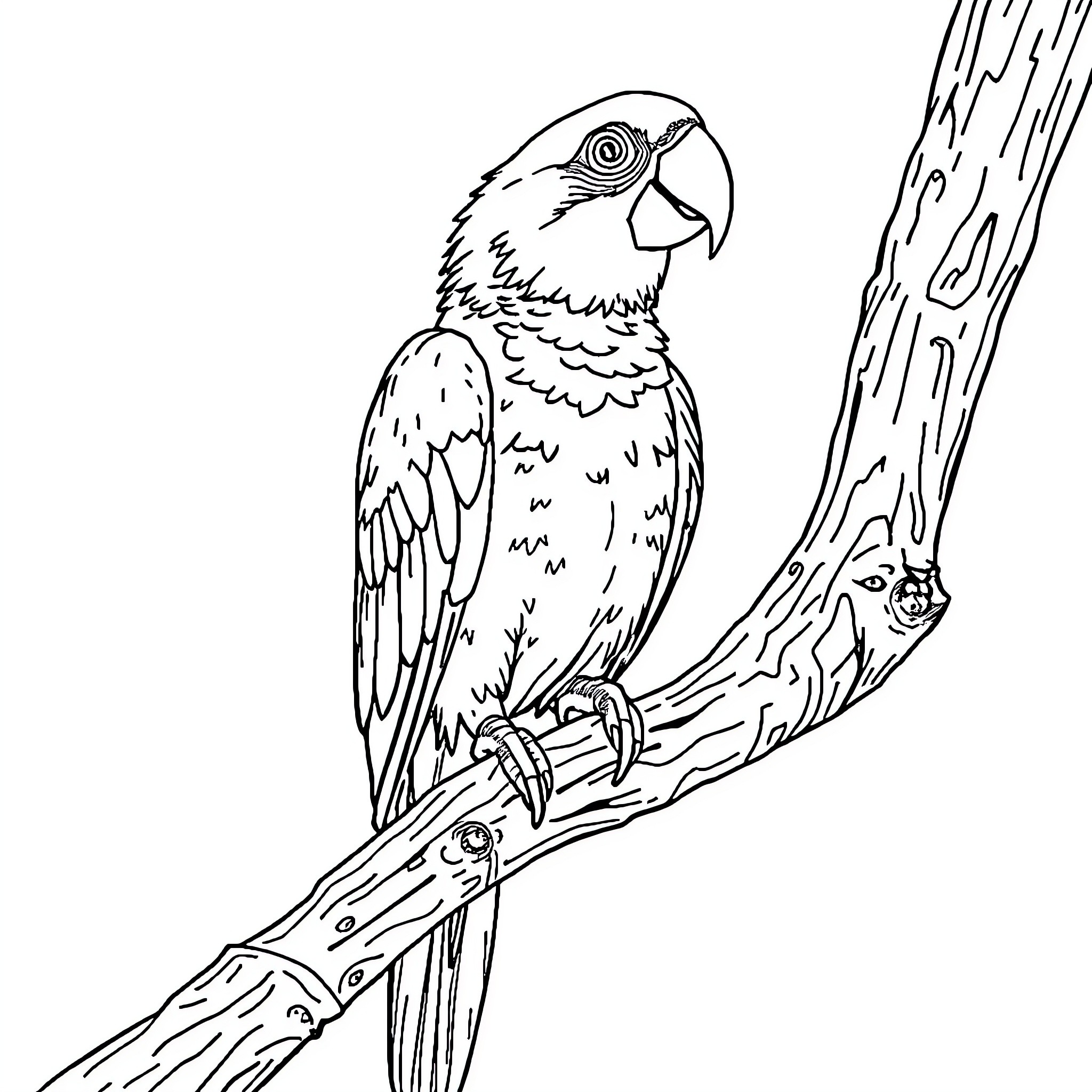 Parrot perched on a wooden branch Coloring Page (free black-and-white line drawing printable PDF for all, from beginners to advanced learners, including children, teens, adults, and seniors)