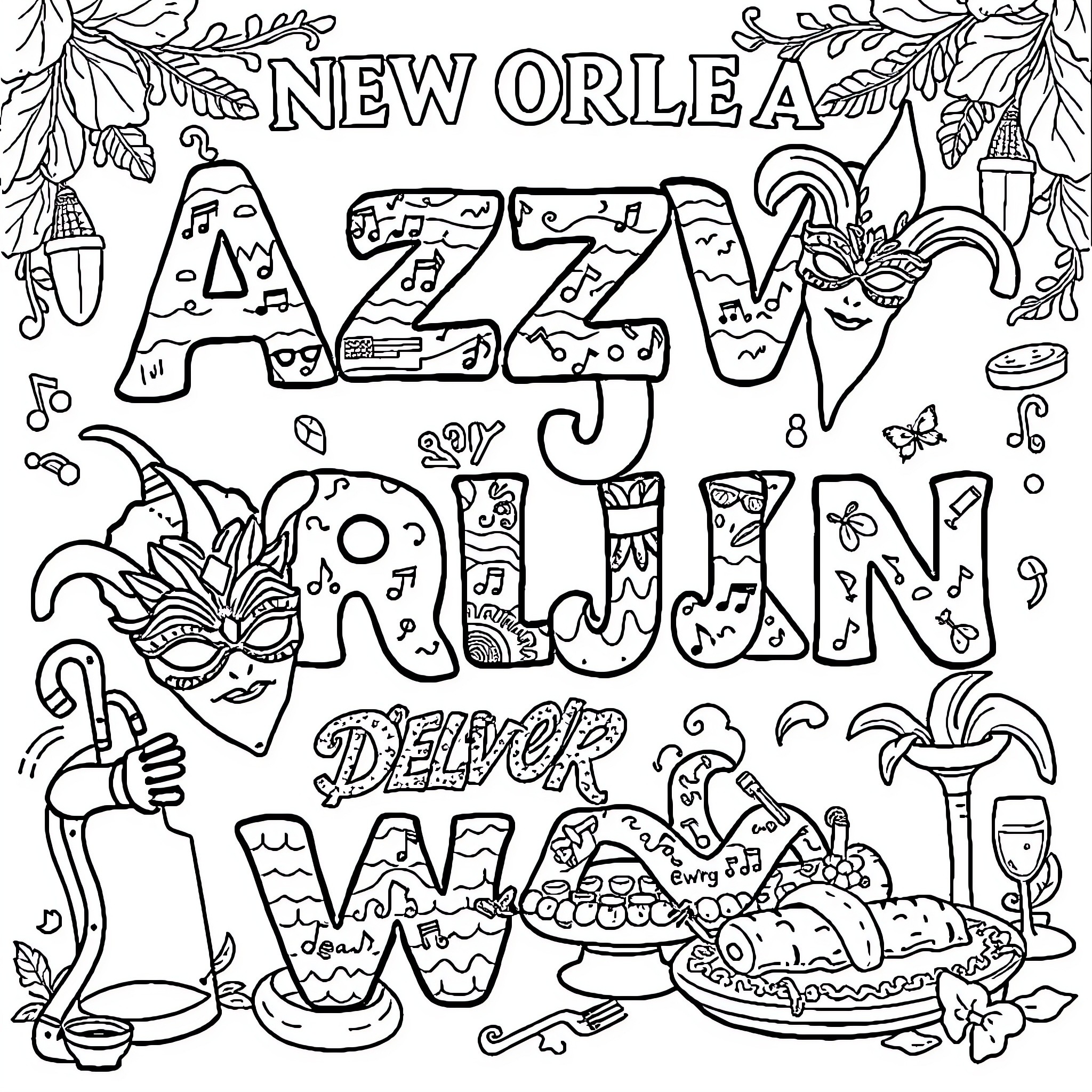 Alphabet Jazz Musical Carnival Doodle Coloring Page (free black-and-white line drawing printable PDF for all, from beginners to advanced learners, including children, teens, adults, and seniors)