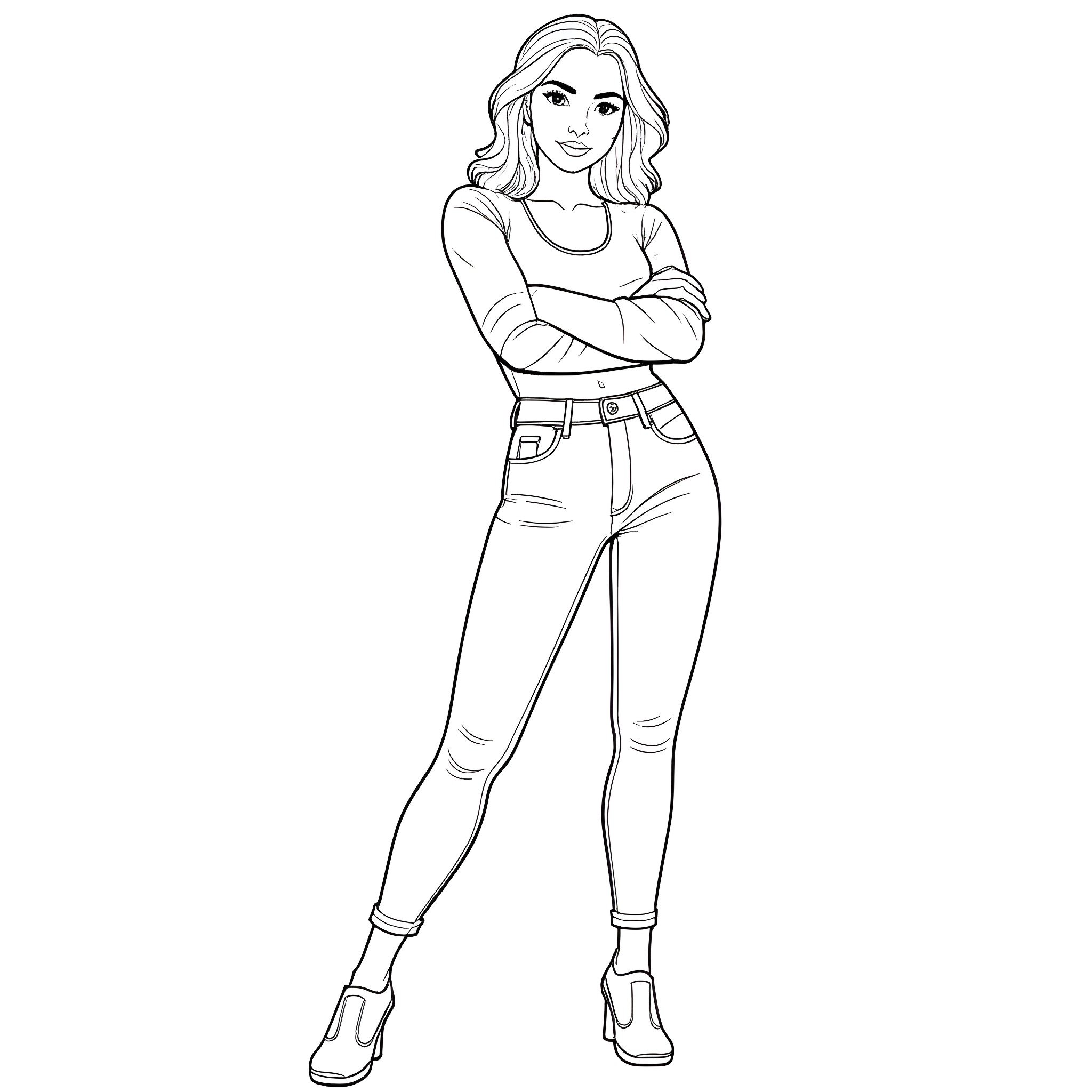 Model Standing with Crossed Arms in Casual Outfit Coloring Page (free black-and-white line drawing printable PDF for all, from beginners to advanced learners, including children, teens, adults, and seniors)