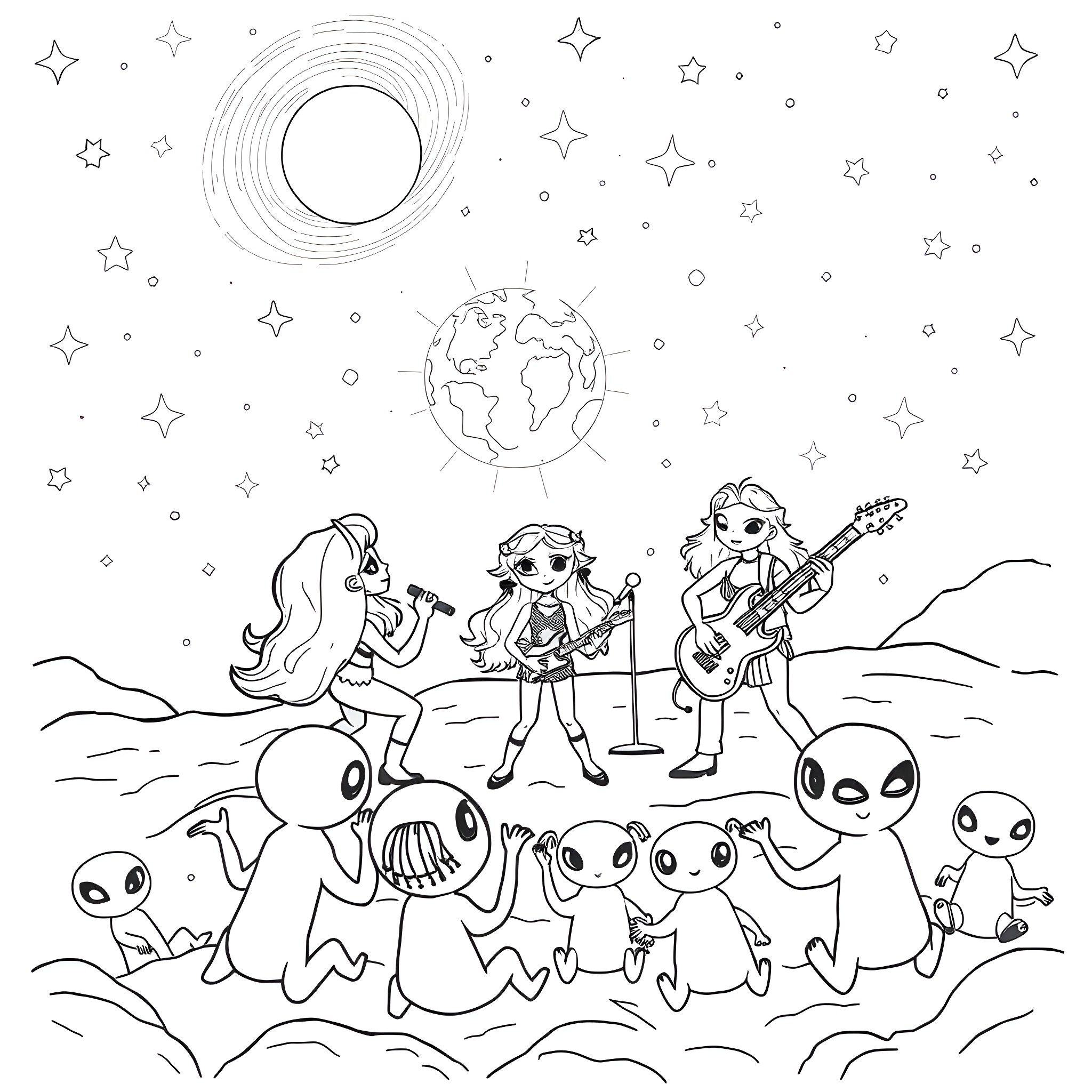 Bluey's Intergalactic Adventure Coloring Page (free black-and-white line drawing printable PDF for all, from beginners to advanced learners, including children, teens, adults, and seniors)