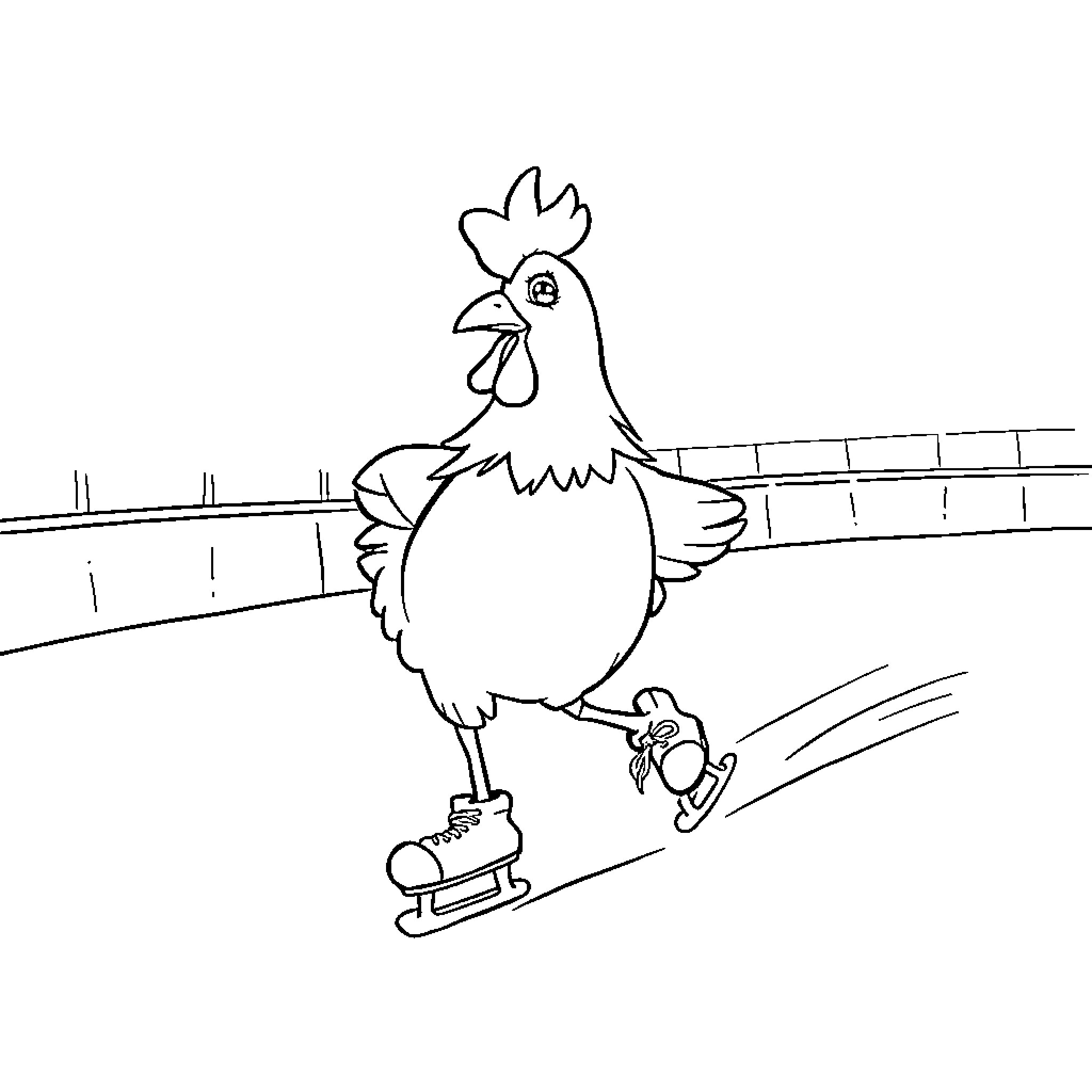 Chicken ice skating on frozen pond Coloring Page (free black-and-white line drawing printable PDF for all, from beginners to advanced learners, including children, teens, adults, and seniors)