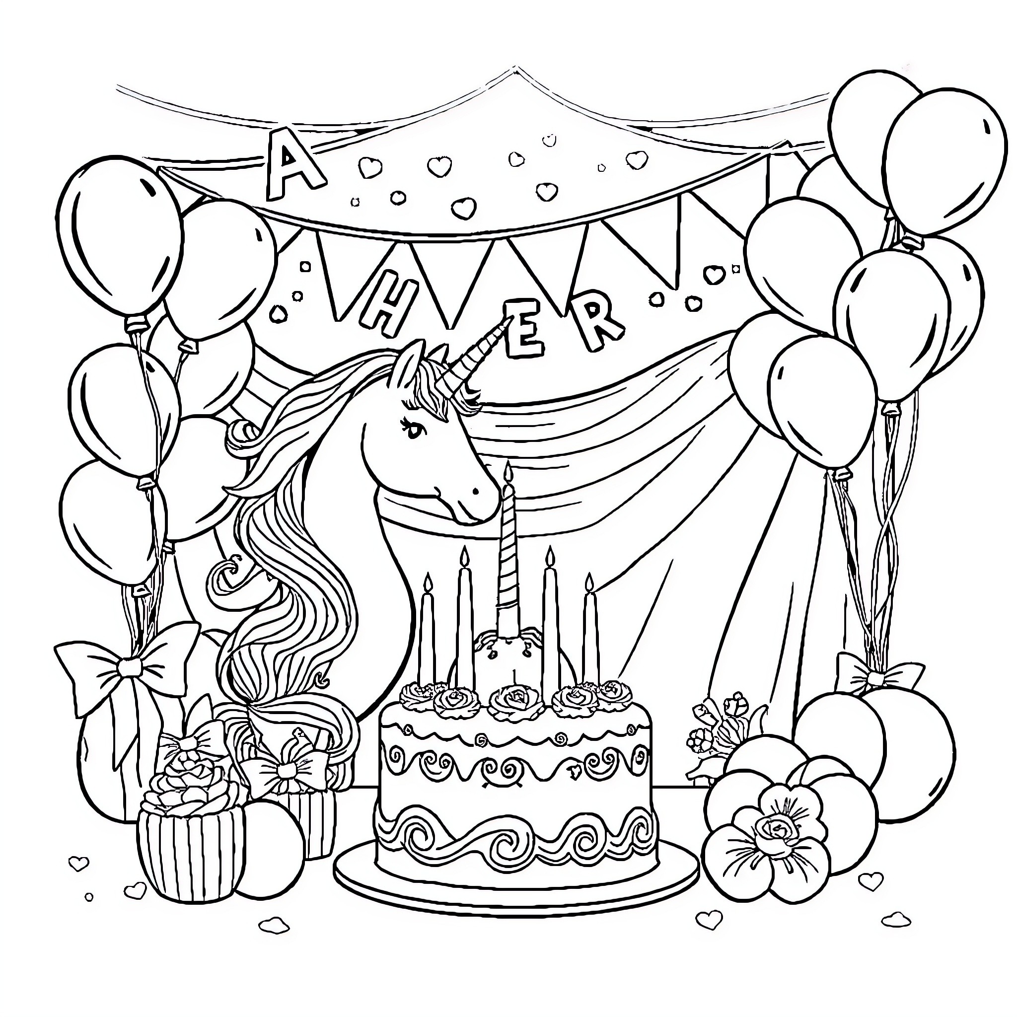 Unicorn celebrating a happy birthday party Coloring Page (free black-and-white line drawing printable PDF for all, from beginners to advanced learners, including children, teens, adults, and seniors)