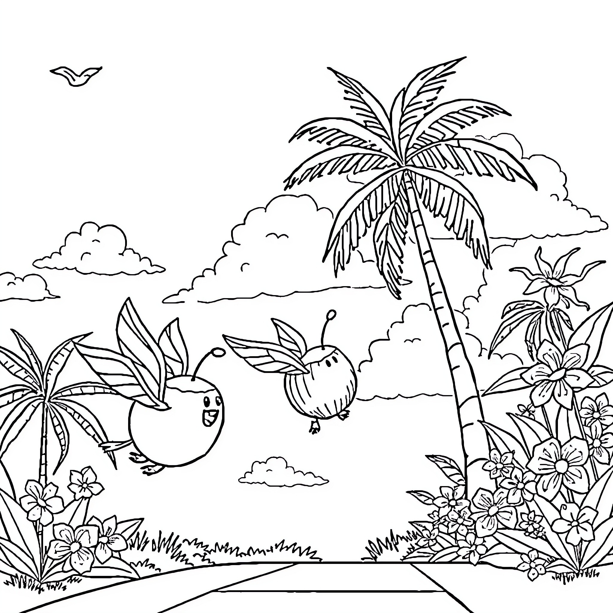 Coconut trees with playful birds in tropical paradise Coloring Page (free black-and-white line drawing printable PDF for all, from beginners to advanced learners, including children, teens, adults, and seniors)