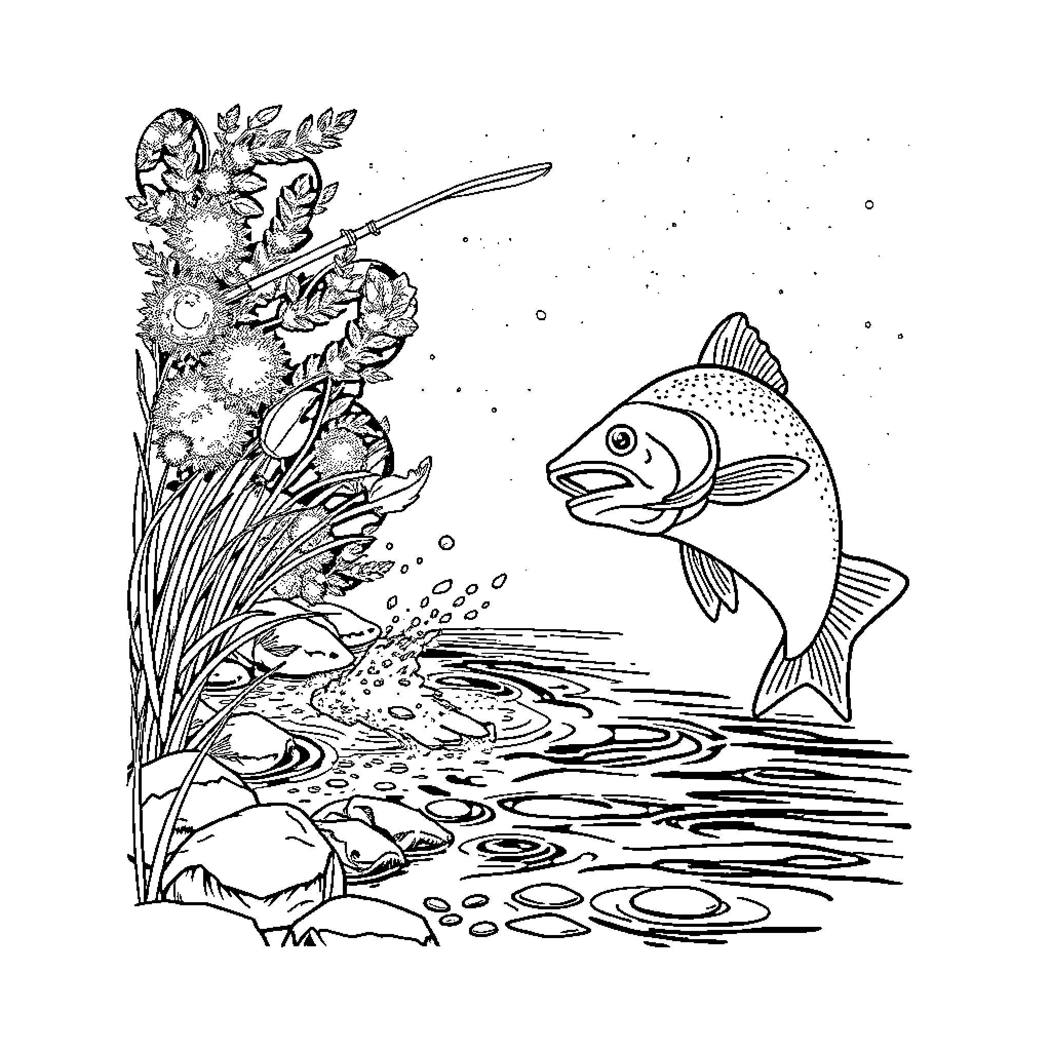 Fishing in the Serene Outdoors Coloring Page (free black-and-white line drawing printable PDF for all, from beginners to advanced learners, including children, teens, adults, and seniors)