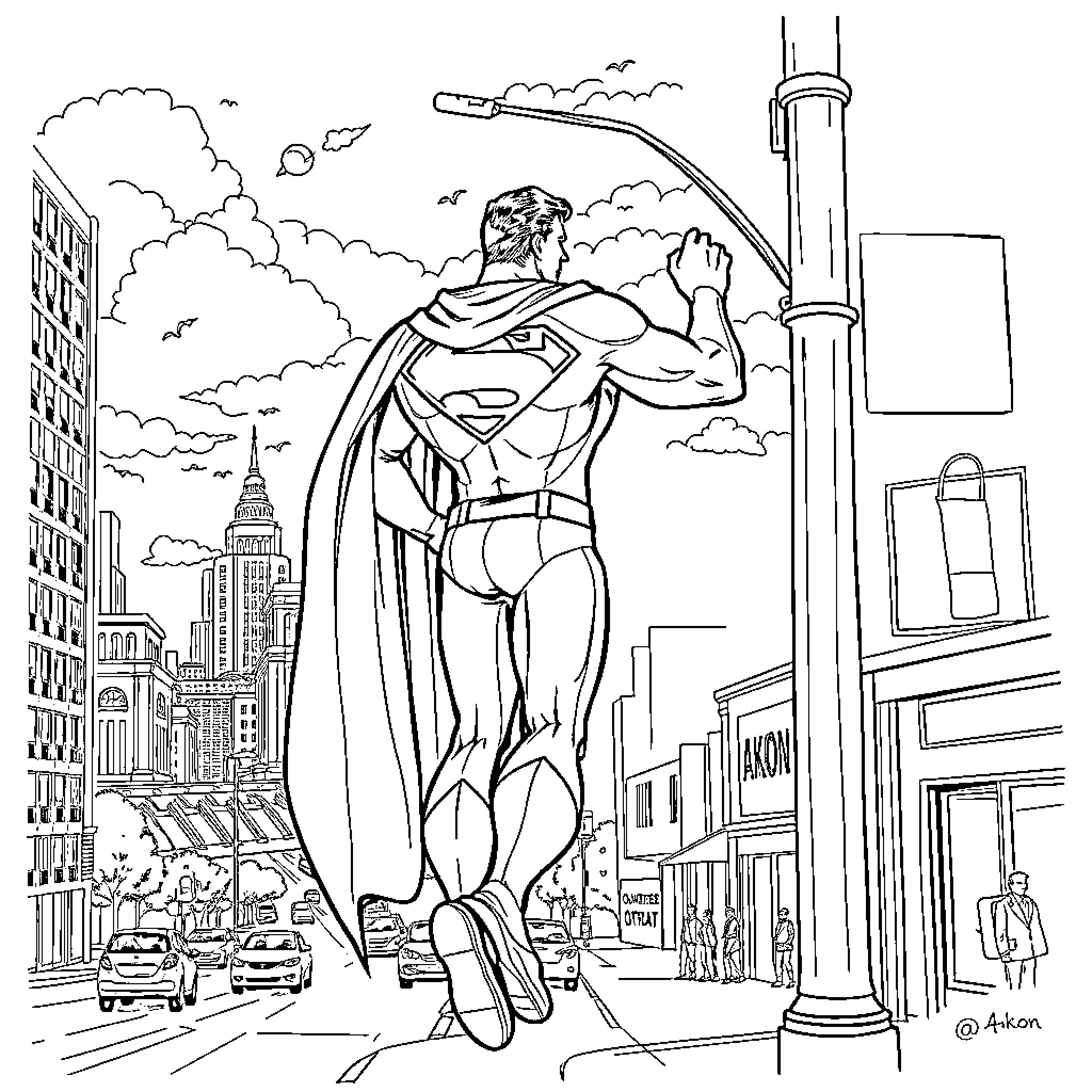Superman heroically defending the city Coloring Page (free black-and-white line drawing printable PDF for all, from beginners to advanced learners, including children, teens, adults, and seniors)